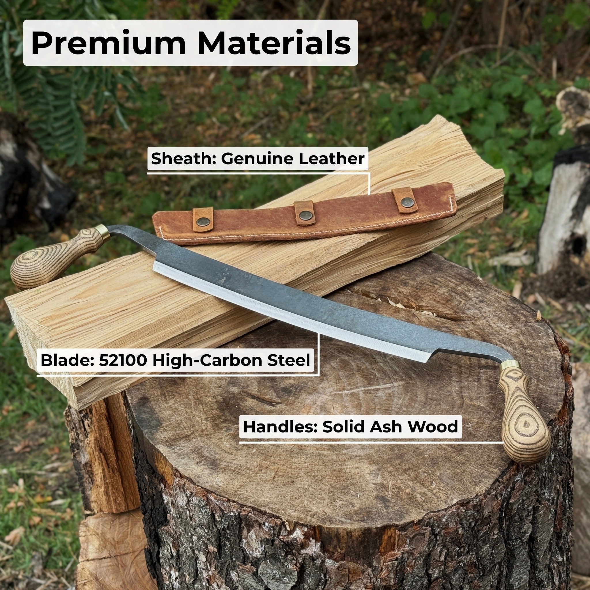 Hand-forged curved draw knife with 25.5 cm cutting edge and ergonomic ash handle