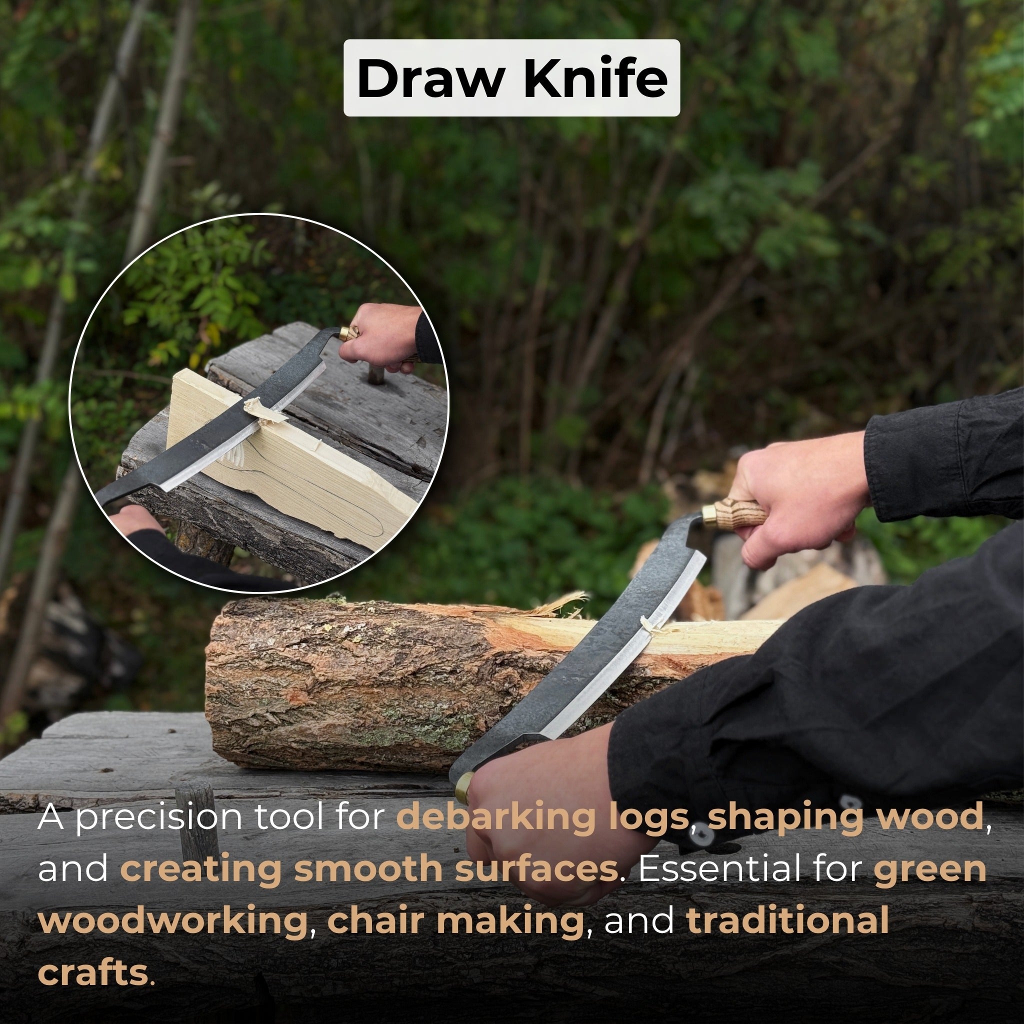Hand-forged curved draw knife with 25.5 cm cutting edge and ergonomic ash handle