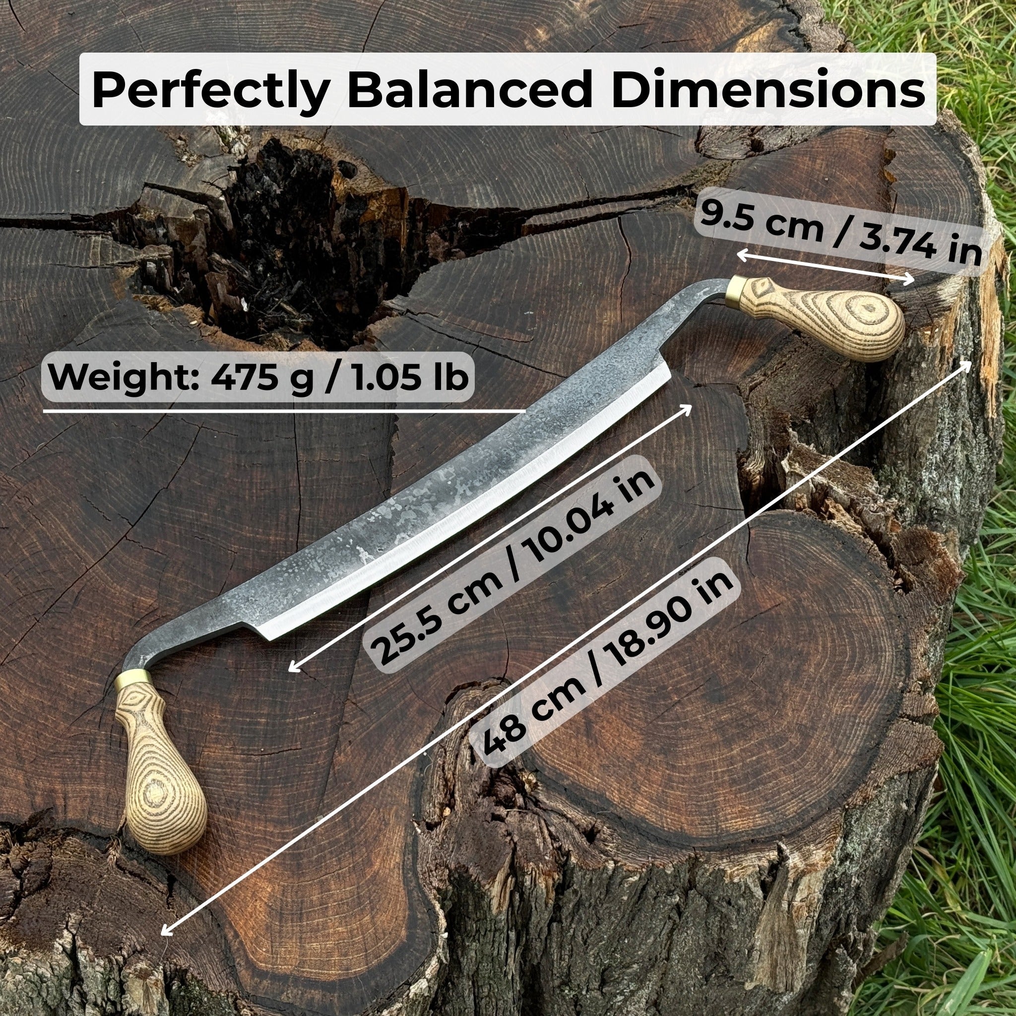 Hand-forged curved draw knife with 25.5 cm cutting edge and ergonomic ash handle