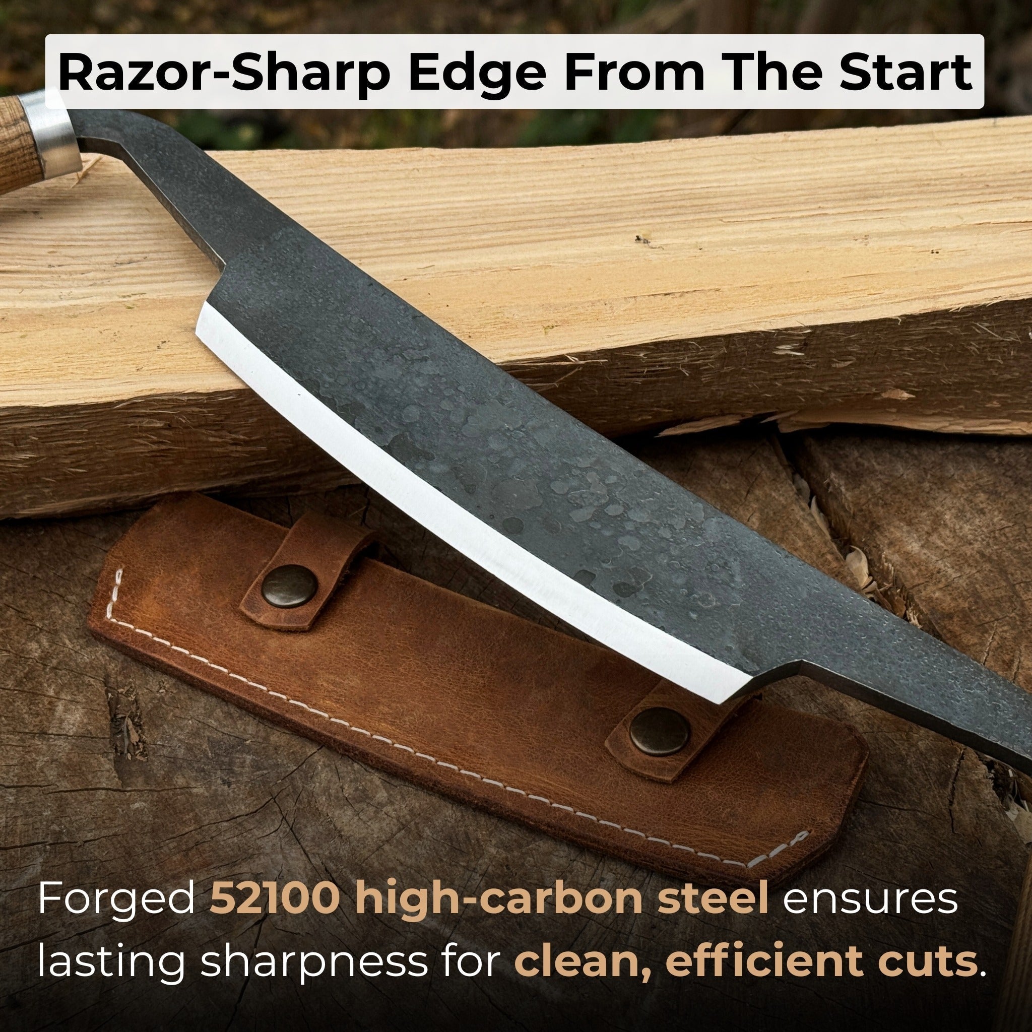 Curved Drawknife with wooden handles and leather sheath by Sharky Forged Steel Tools