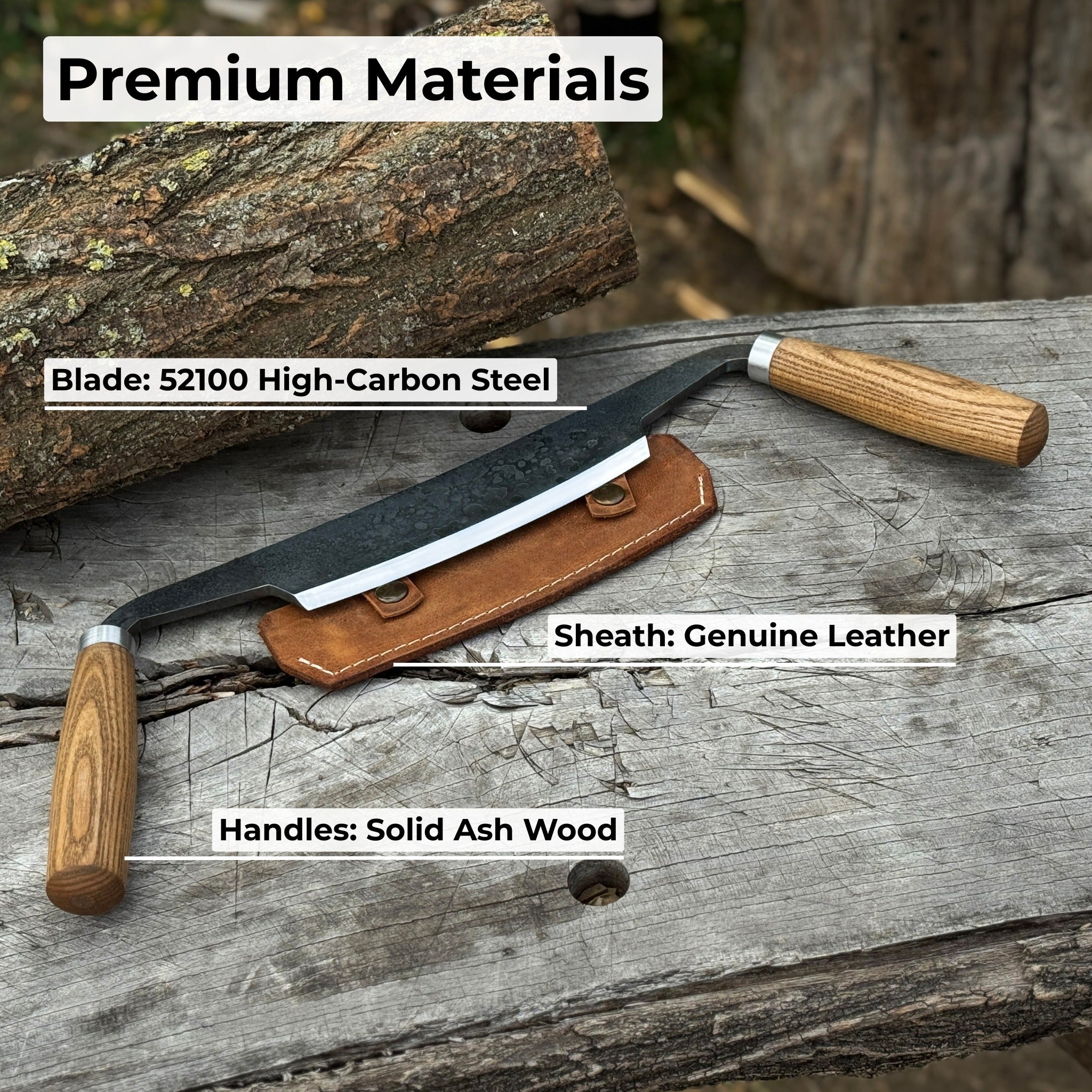 Curved Drawknife with wooden handles and leather sheath by Sharky Forged Steel Tools