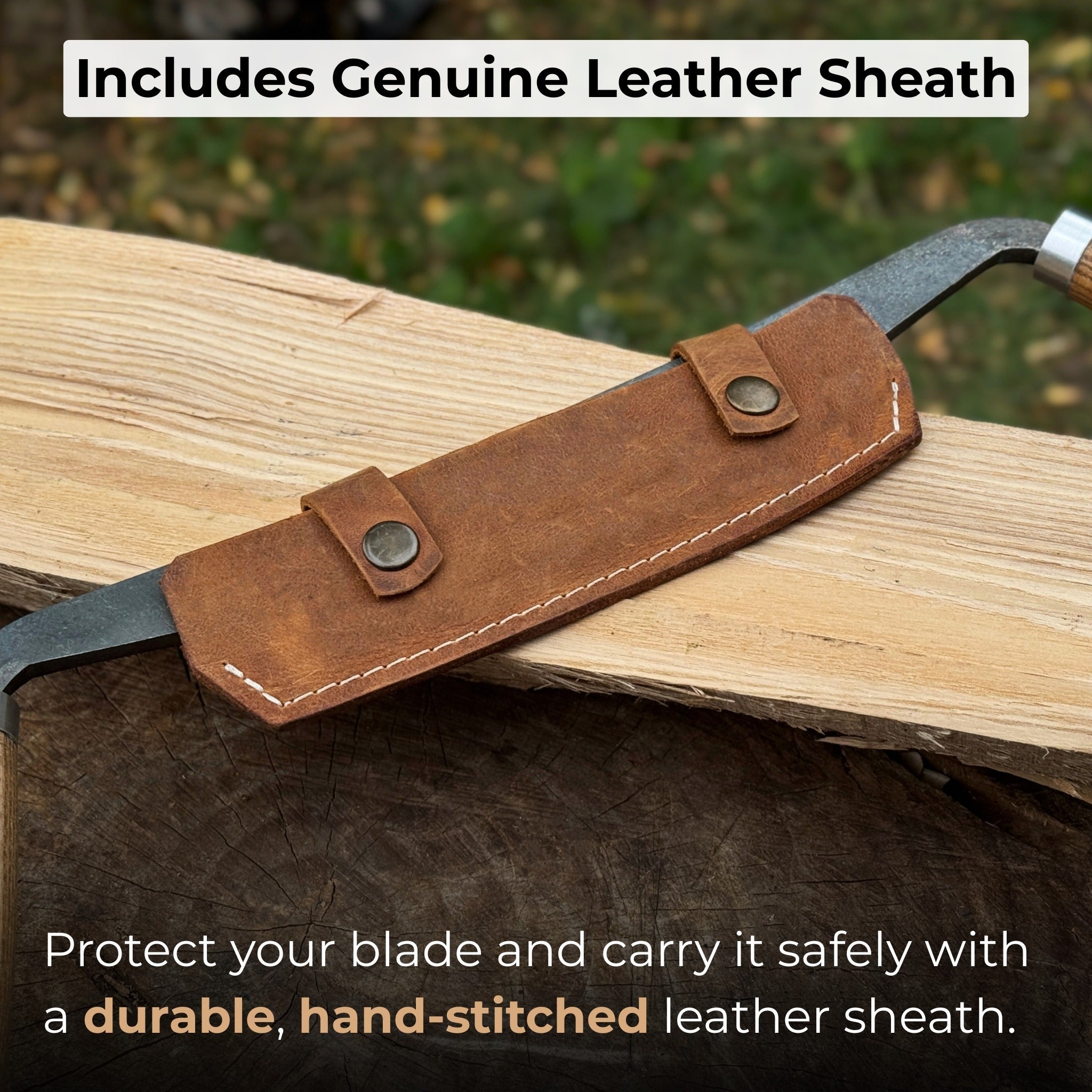 Curved Drawknife with wooden handles and leather sheath by Sharky Forged Steel Tools