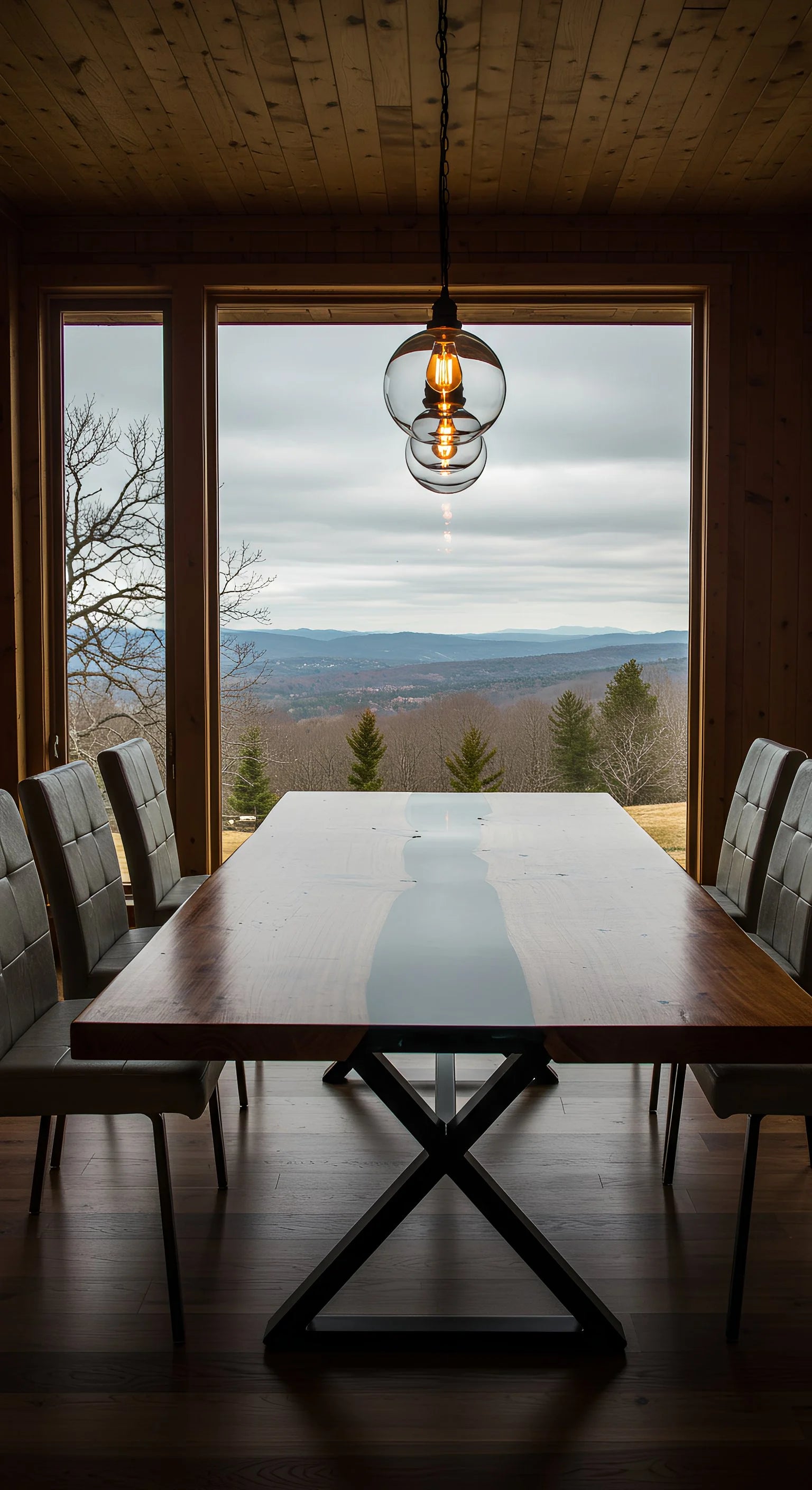 A luxury epoxy river dining table with black epoxy and walnut wood in a luxury dining room cabin with cedar plank walls and ceiling and scenic view of a forest outside