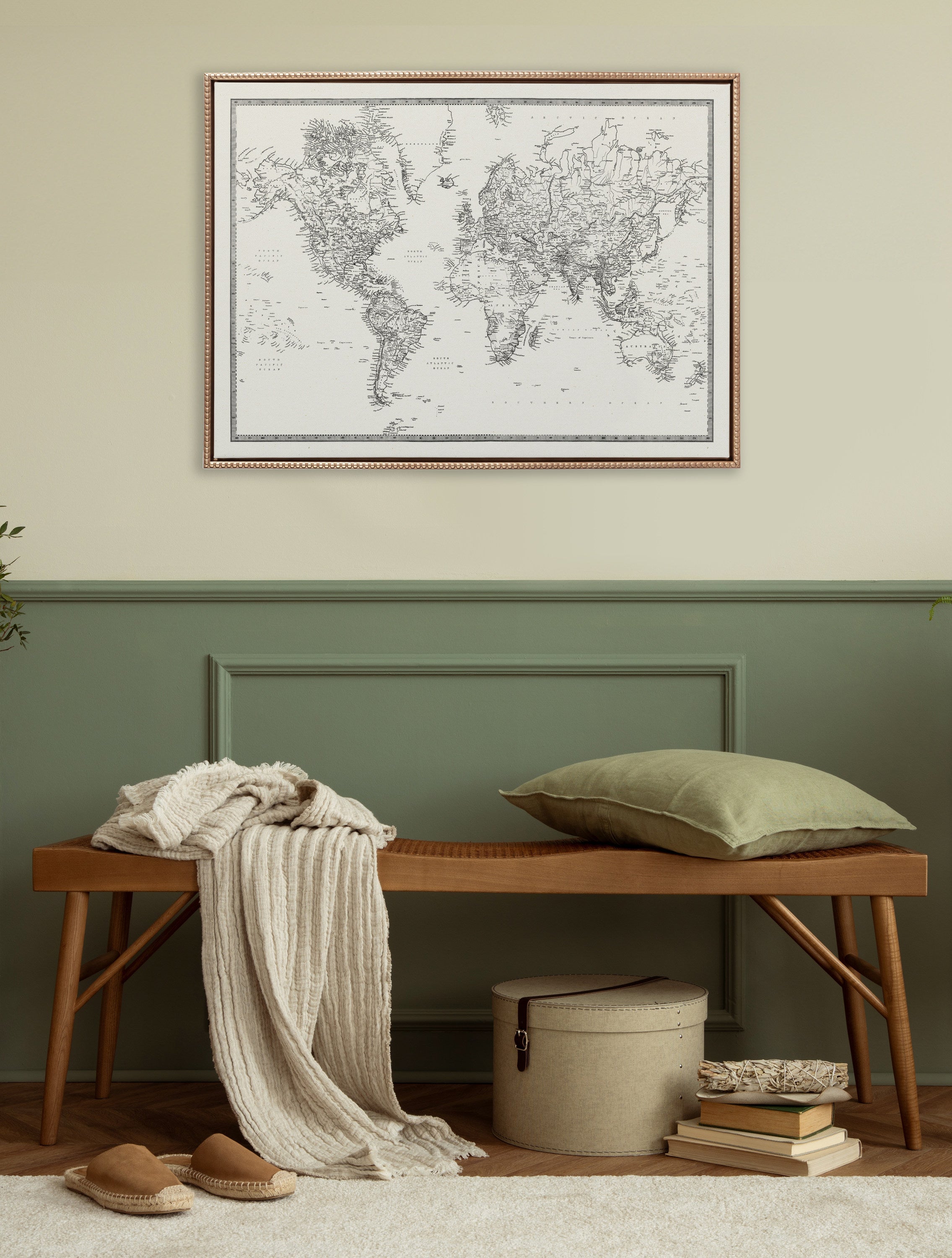 Sylvie Beaded Vintage Black and White World Map Framed Canvas by The Creative Bunch Studio