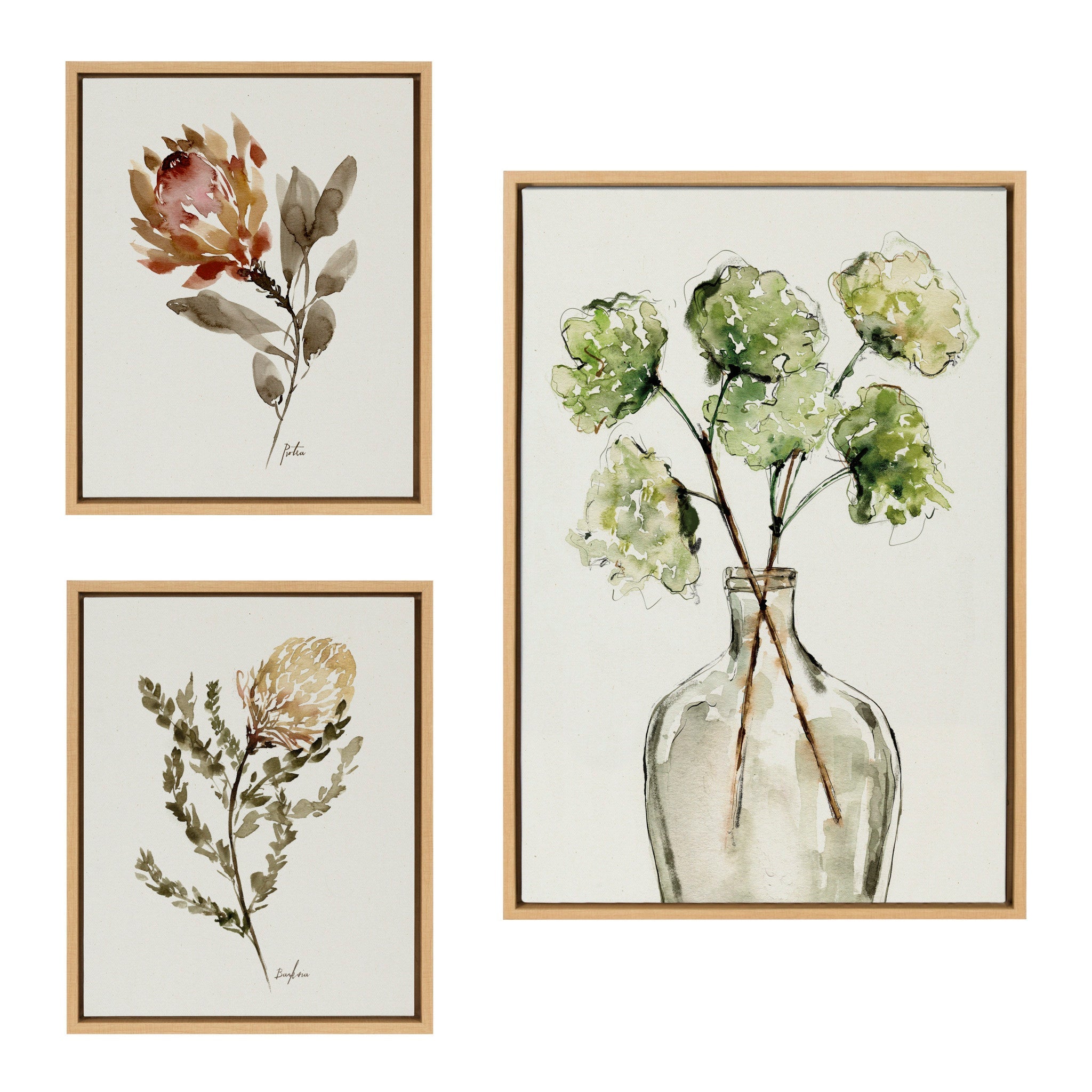 Sylvie Greenery Vase, Wild King Protea and Wild Banksia framed canvas art set arranged on a light wall