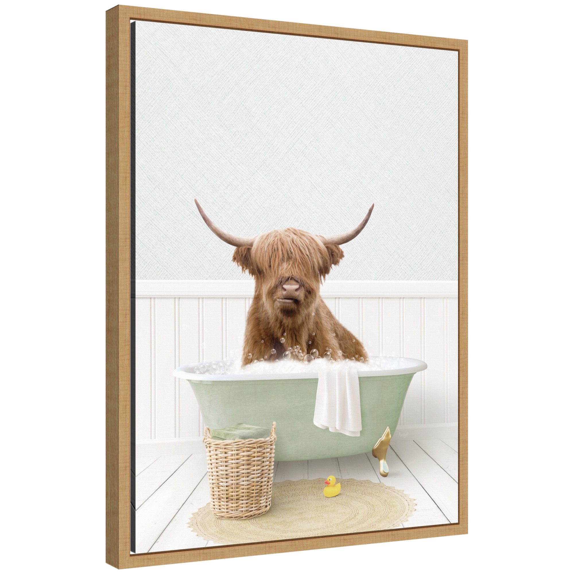 Framed canvas art featuring a highland cow reclining in a green cottage-style bathtub