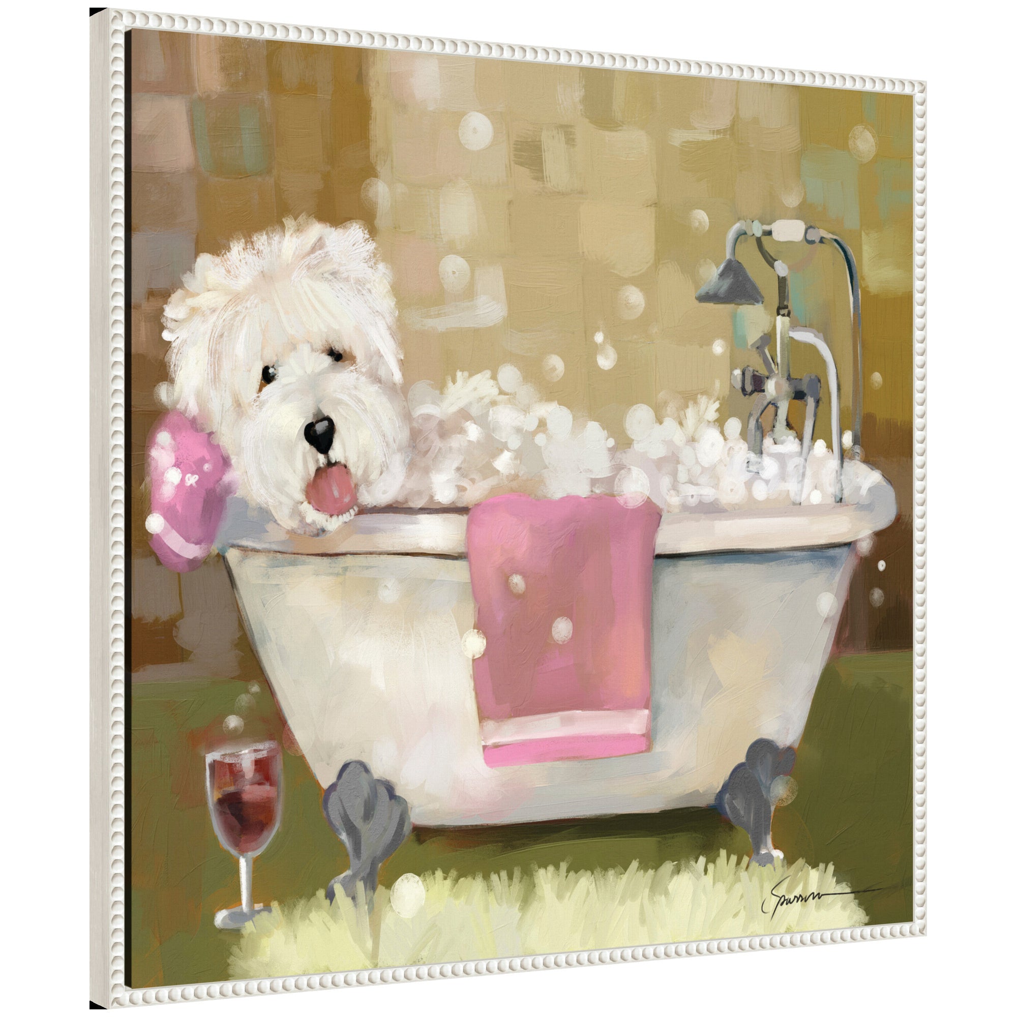 Sylvie Tiny Bubbles framed canvas art showing animal subject with vintage beaded frame
