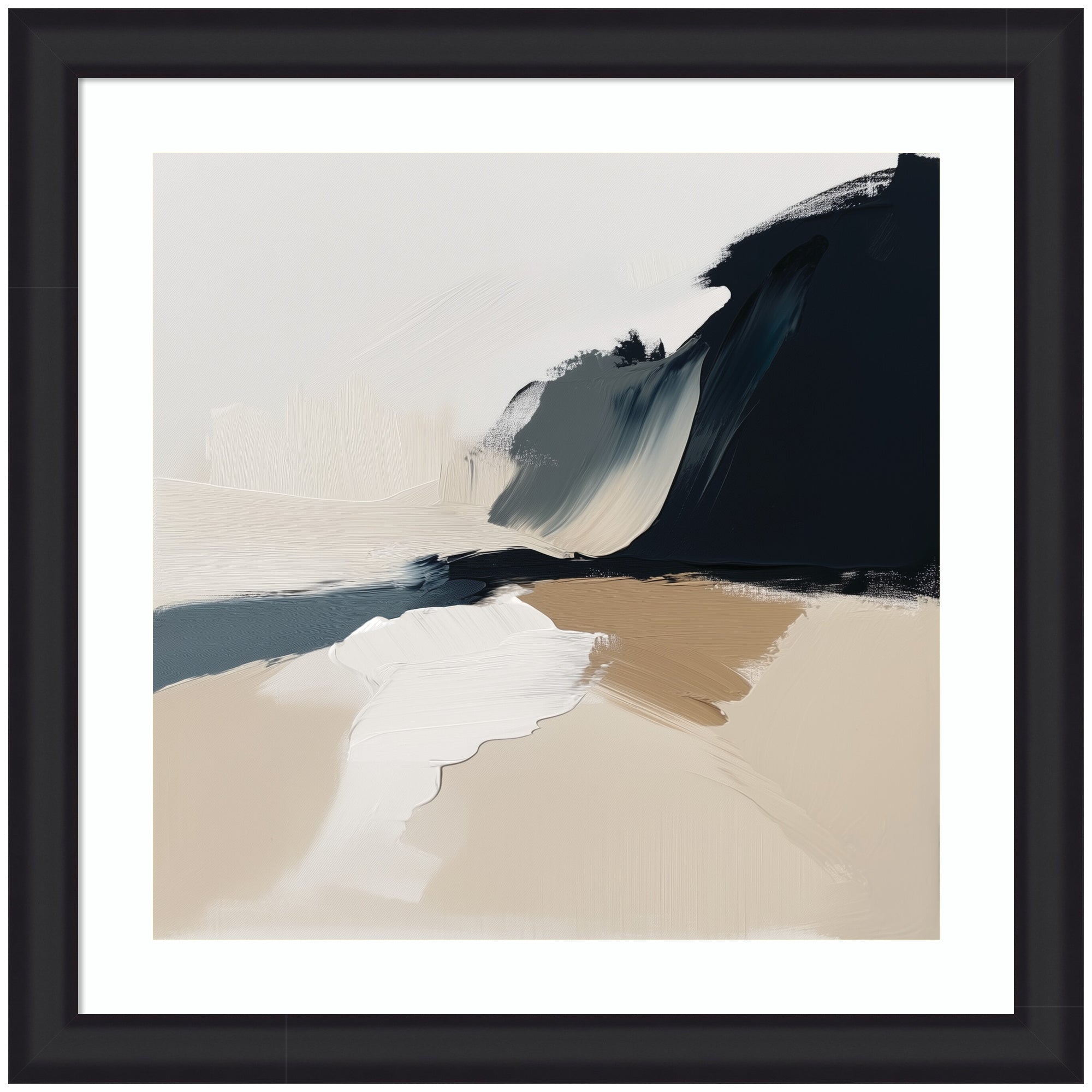 Framed abstract landscape artwork with beige, white, and dark blue tones in Oliver Black Narrow moulding