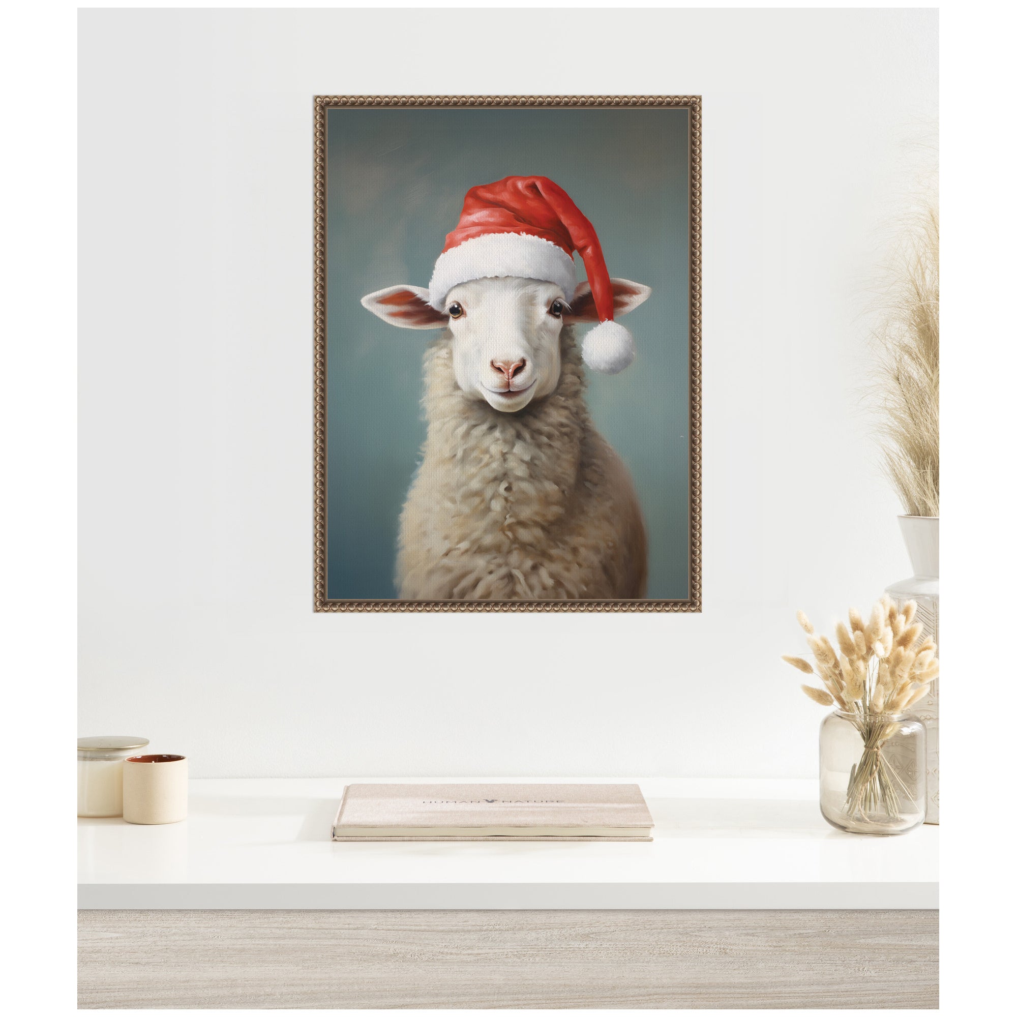 Sylvie Beaded Sweet Sheep Santa Hat Framed Canvas by The Creative Bunch Studio