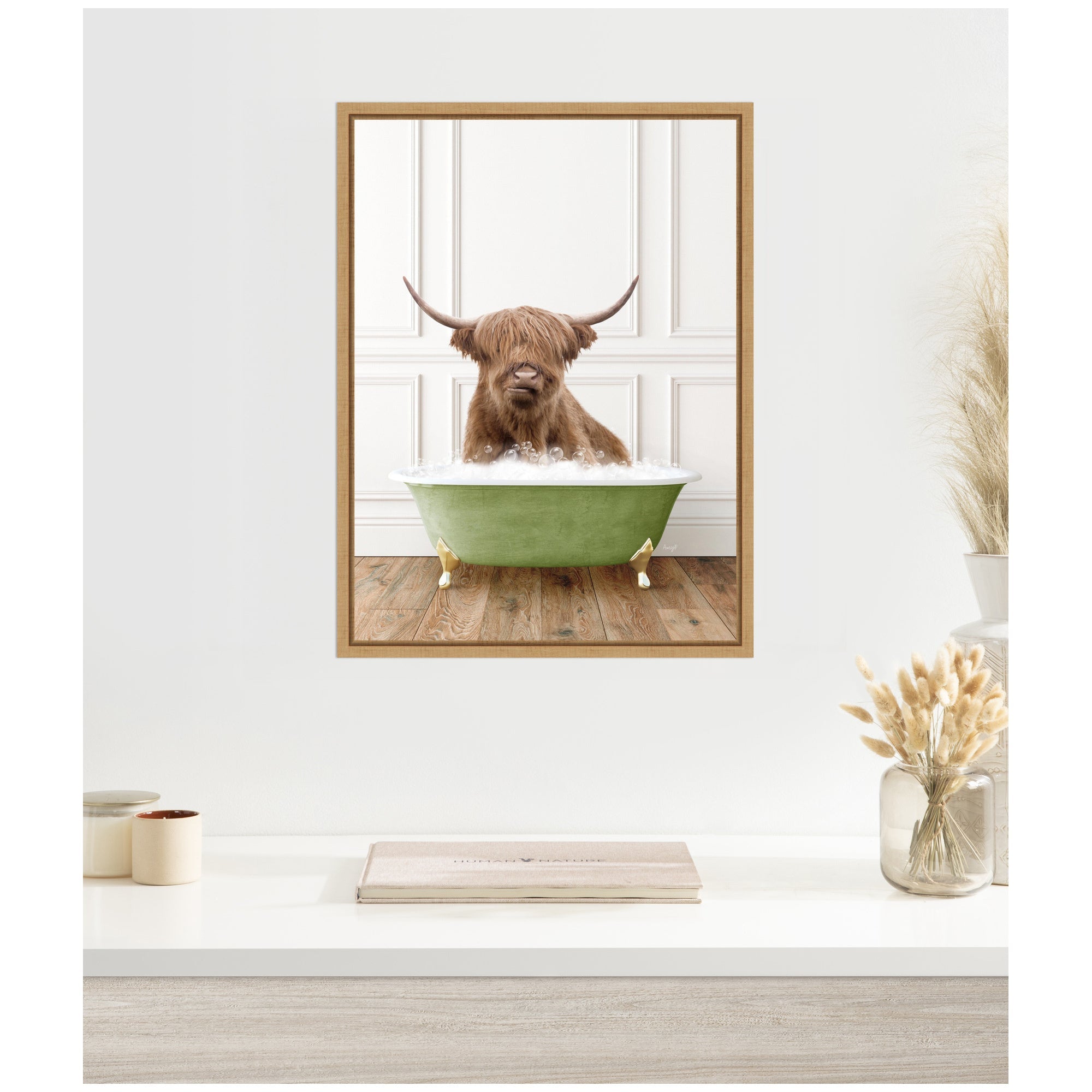 Sylvie Highland Cow in Transitional Bathtub Framed Canvas by Amy Peterson