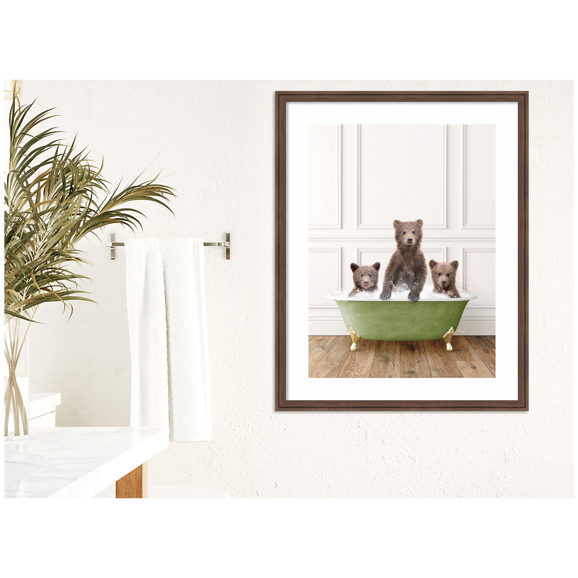 Three Bear Cubs in Transitional Bathtub by Amy Peterson Framed Wall Art Print