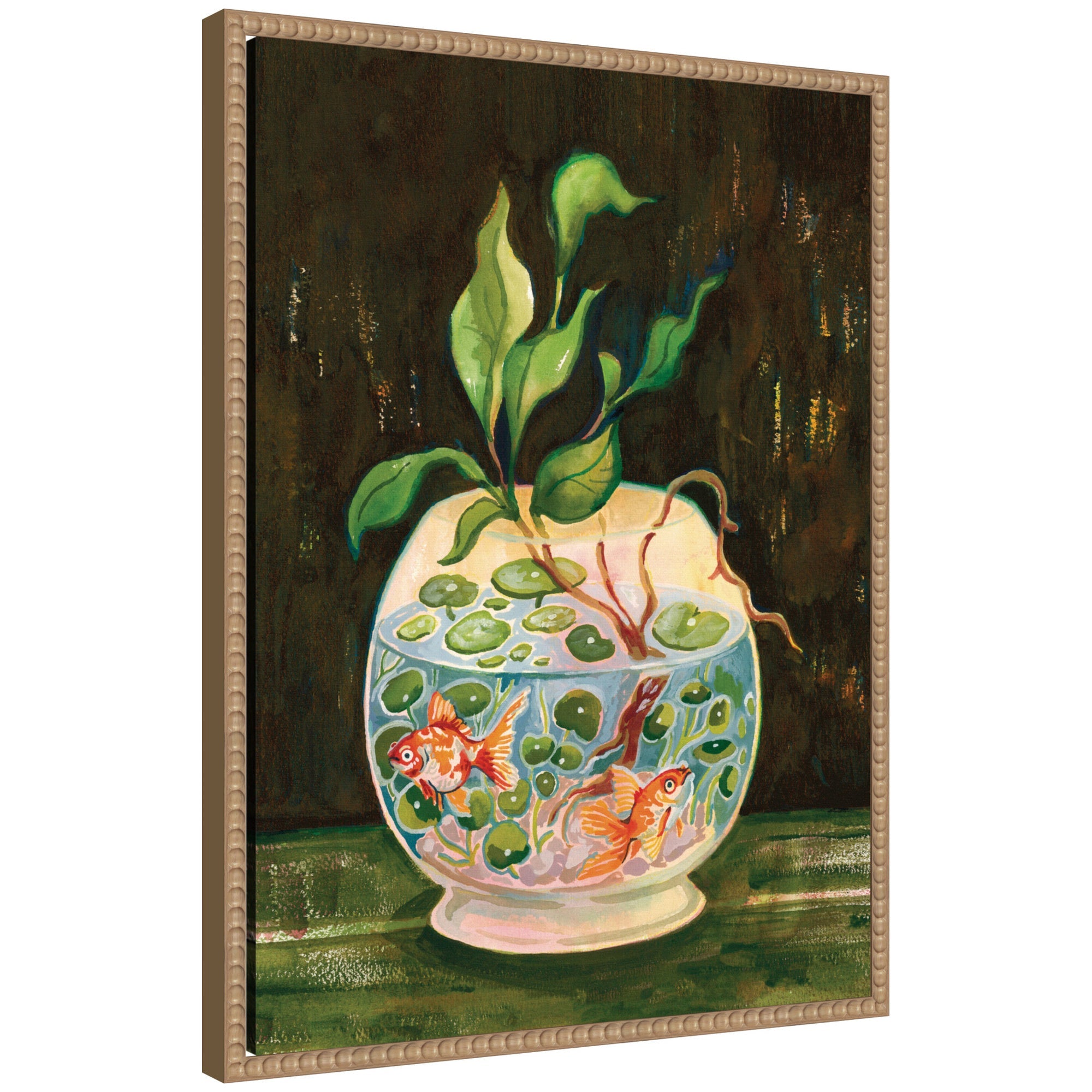 Goldfish Garden framed canvas wall art print featuring rustic natural Sylvie Beaded frame