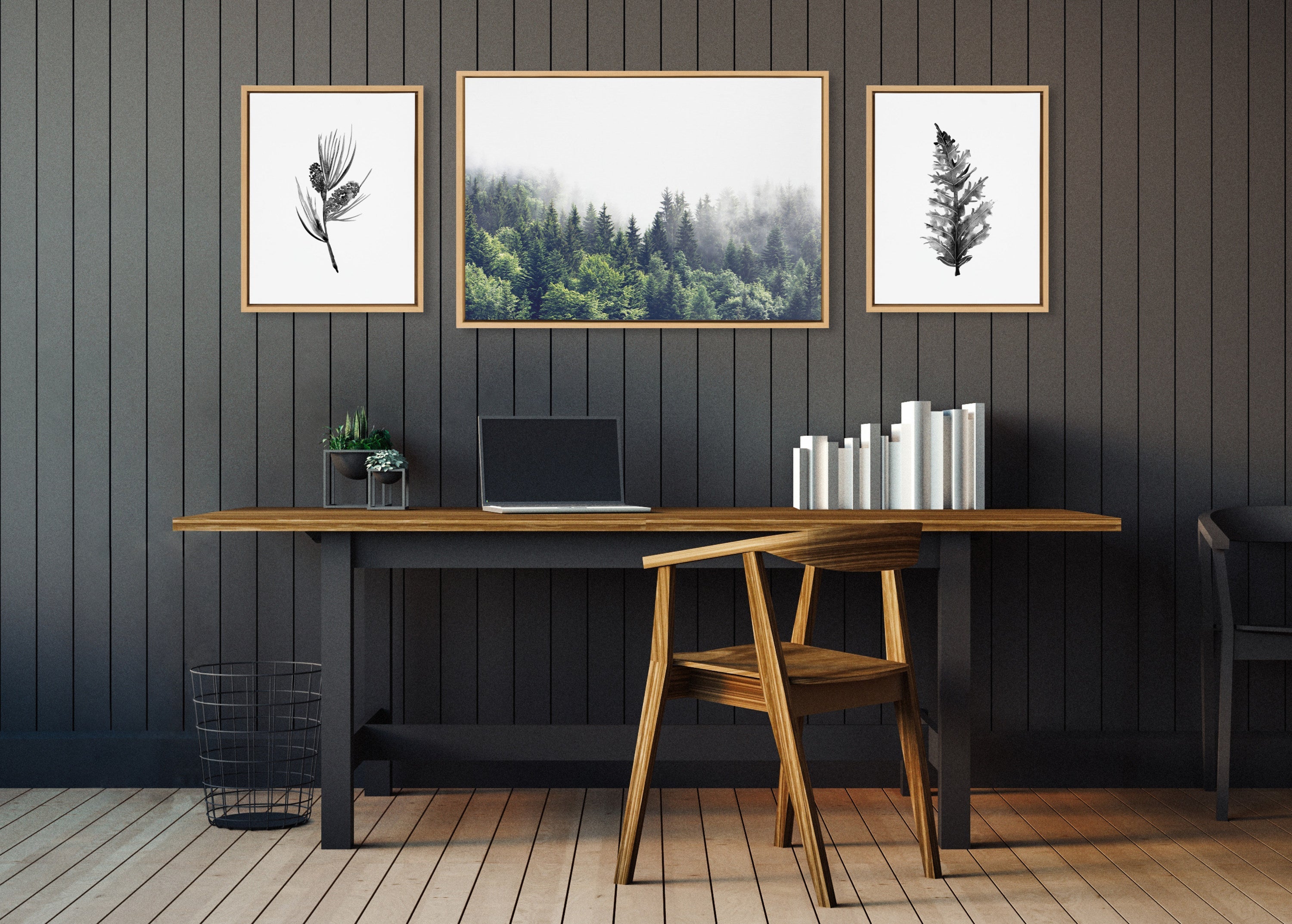 Sylvie Lush Green Forest and Vintage Botanical 3 & 4 Black and White Framed Canvas Art Set