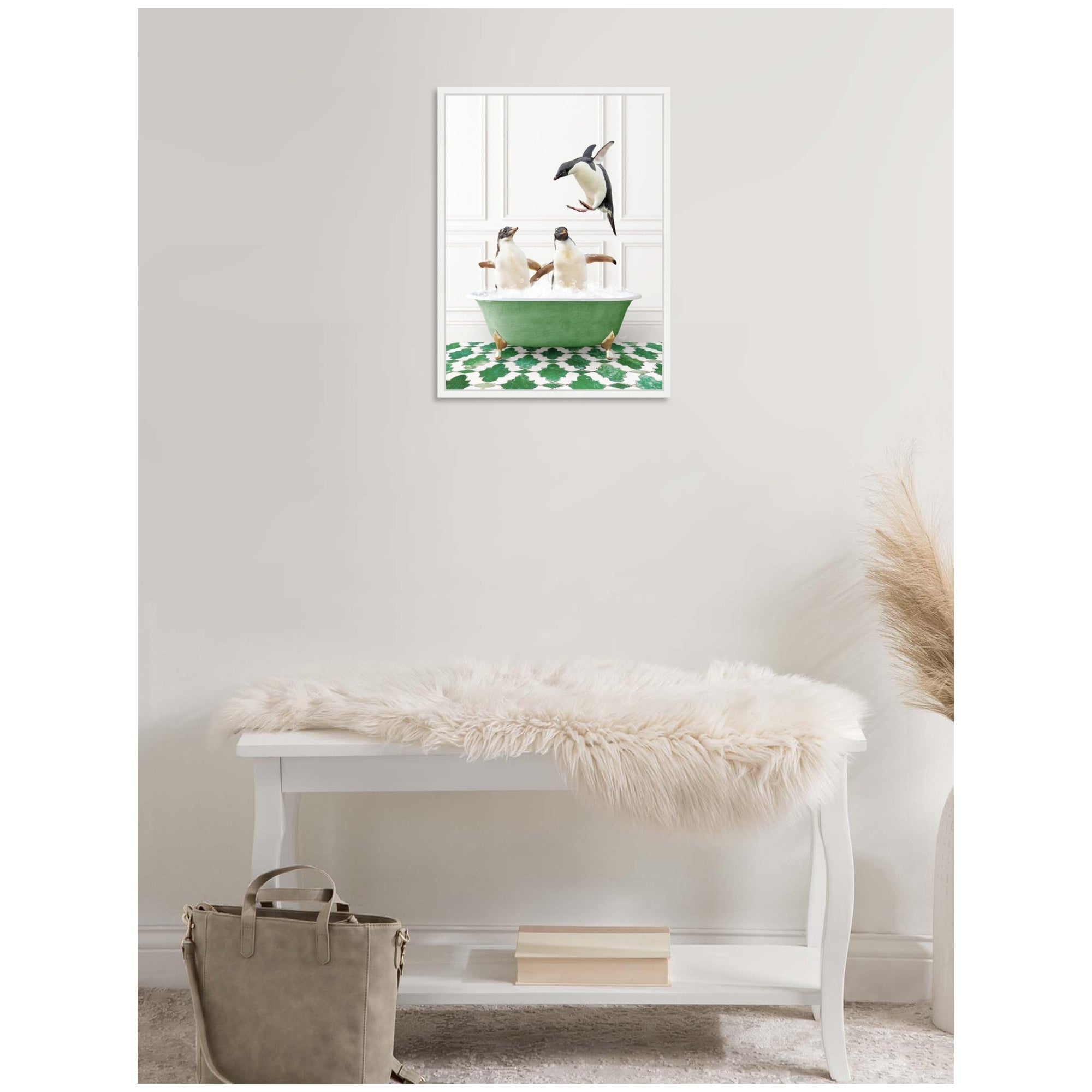 Sylvie Penguins in Eclectic Green Panel Wall Bathtub Framed Canvas by Amy Peterson