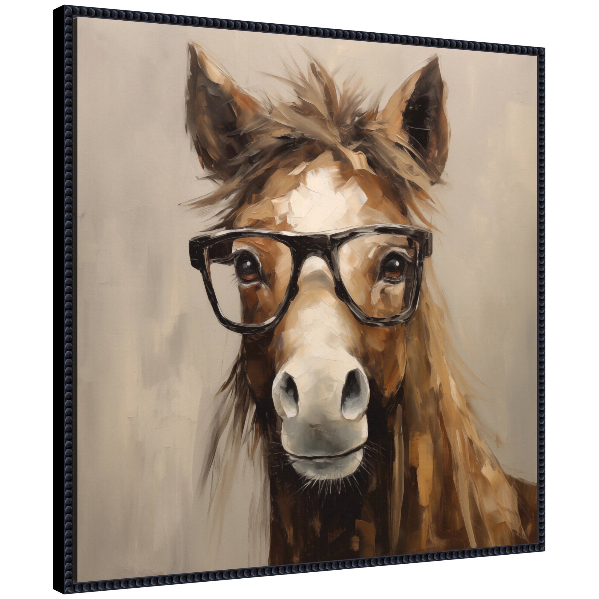 Framed canvas art "Those Are My Glasses Horse" by Sylvie Hay showing a horse with glasses on a vintage beaded frame