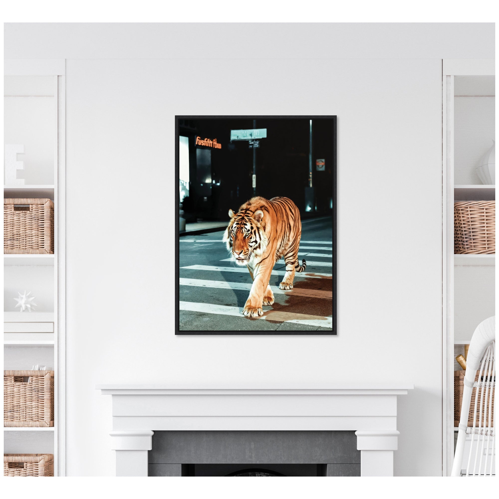 Sylvie Tiger in the City at Night 2 Framed Canvas by Michael Schauer