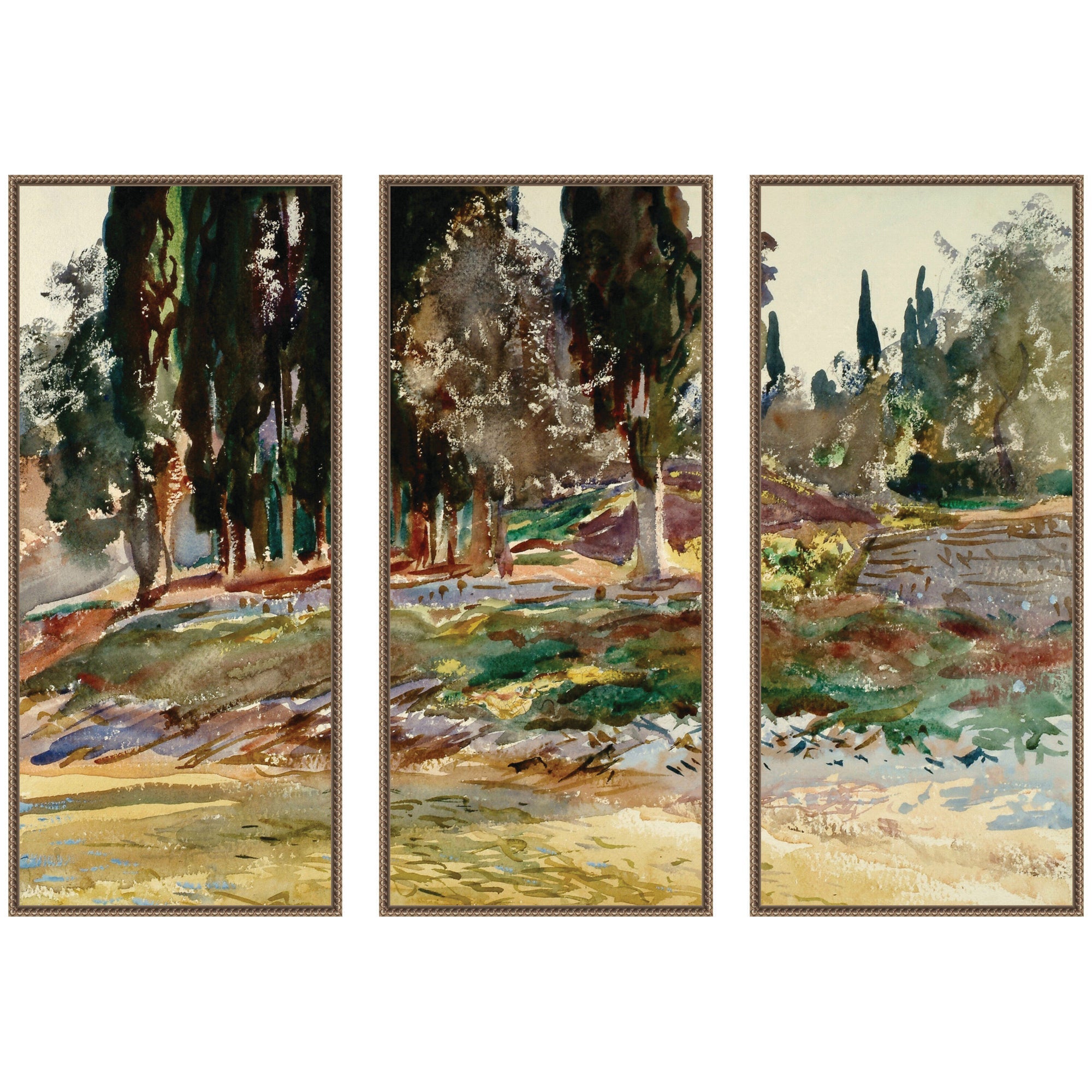 Three framed canvas panels showing Cypress Trees at San Vigilio Lake Garda by John Singer Sargent