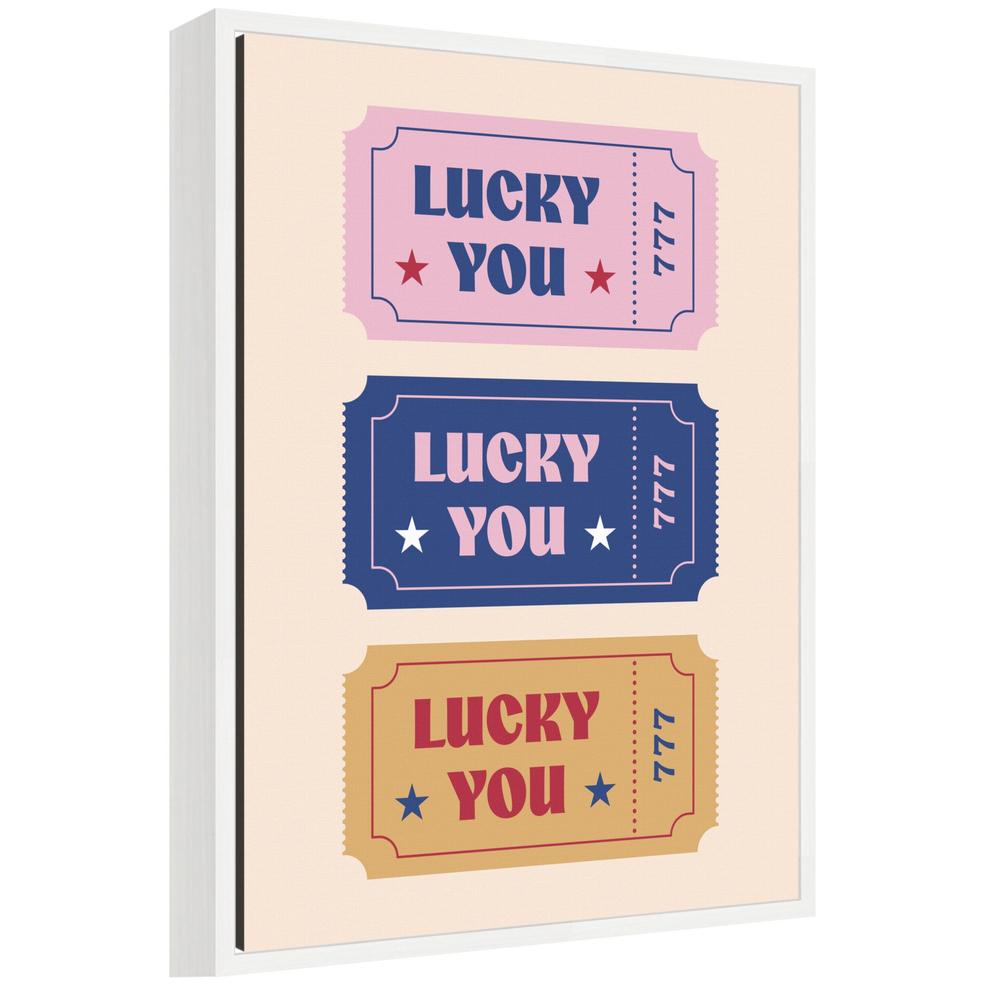 Framed canvas wall art print titled LuckyYouTicket by Rachel Lee, showing a woman holding a ticket with three birds perched around her, in a Sylvie white frame.