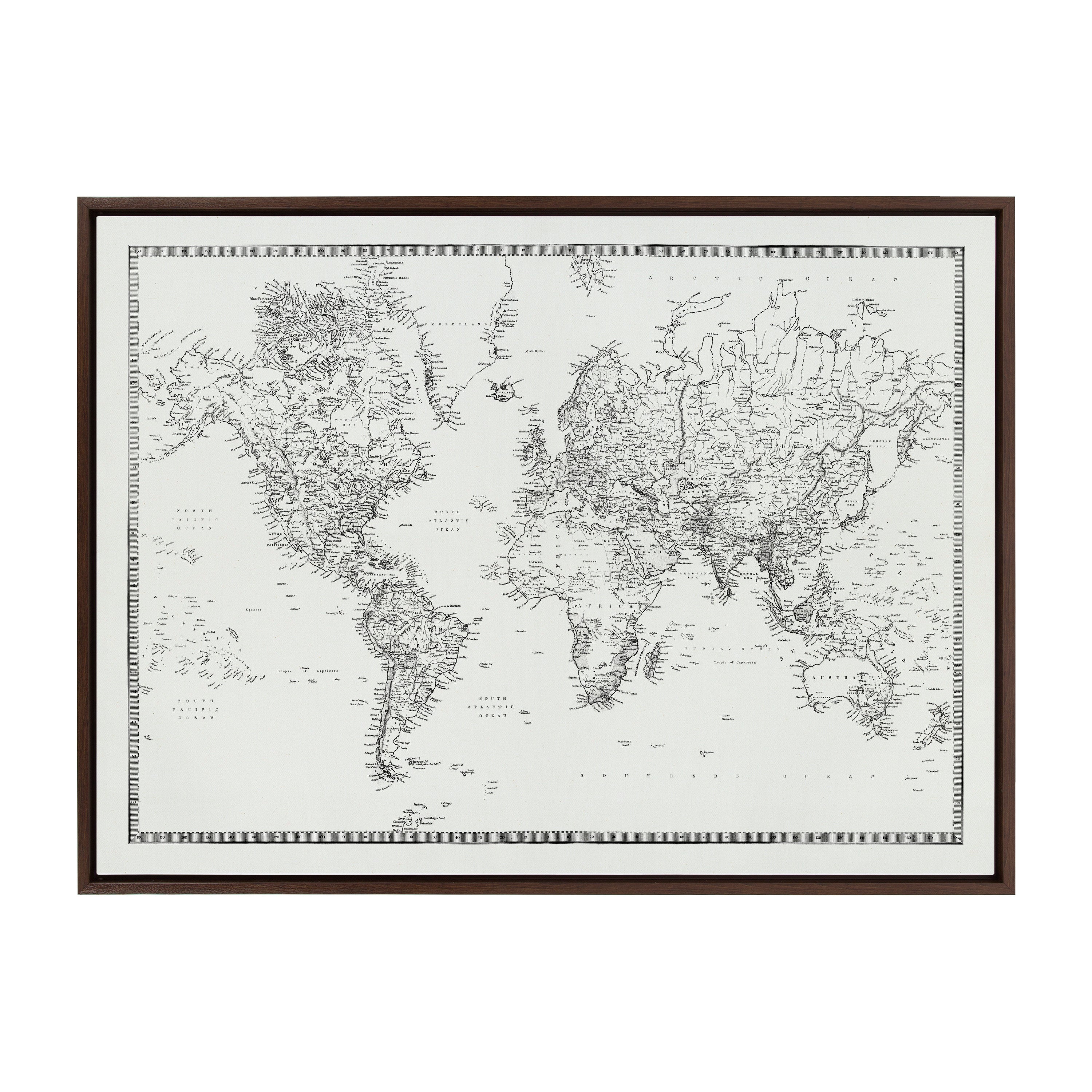 Sylvie Vintage Black and White World Map Framed Canvas by The Creative