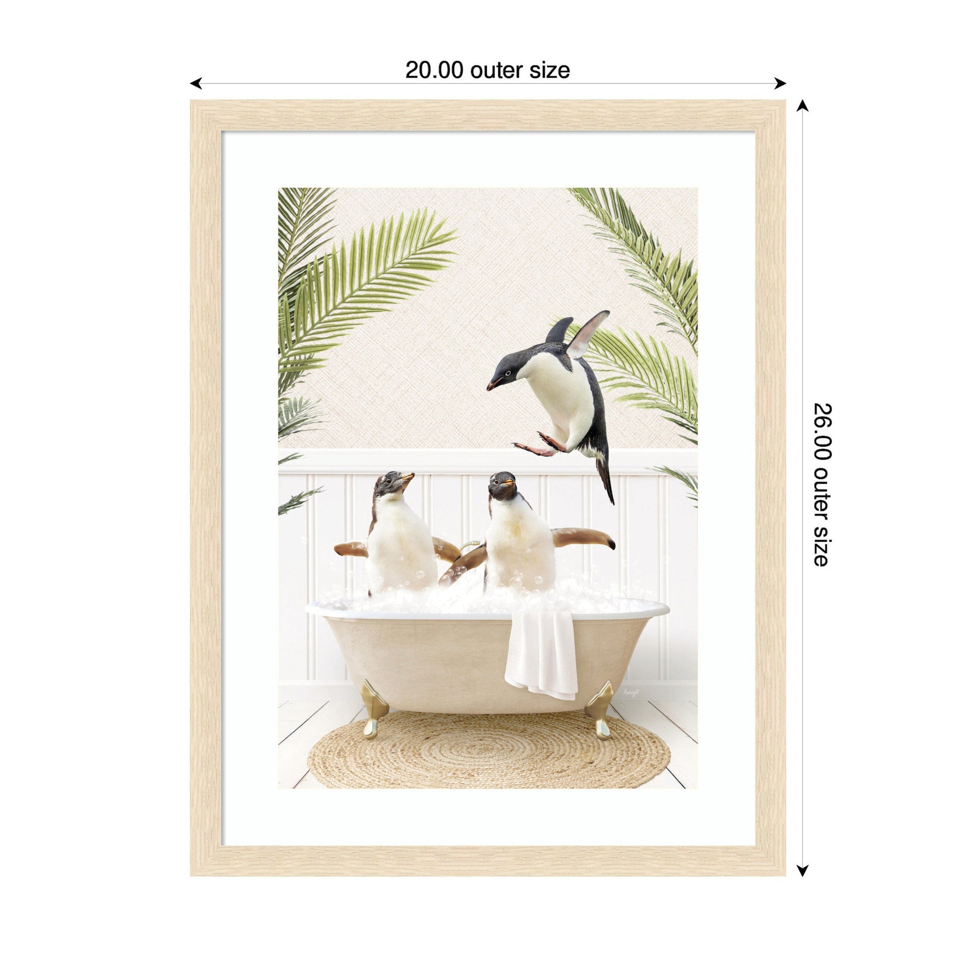 Penguins in Palms Bath by Amy Peterson Framed Wall Art Print