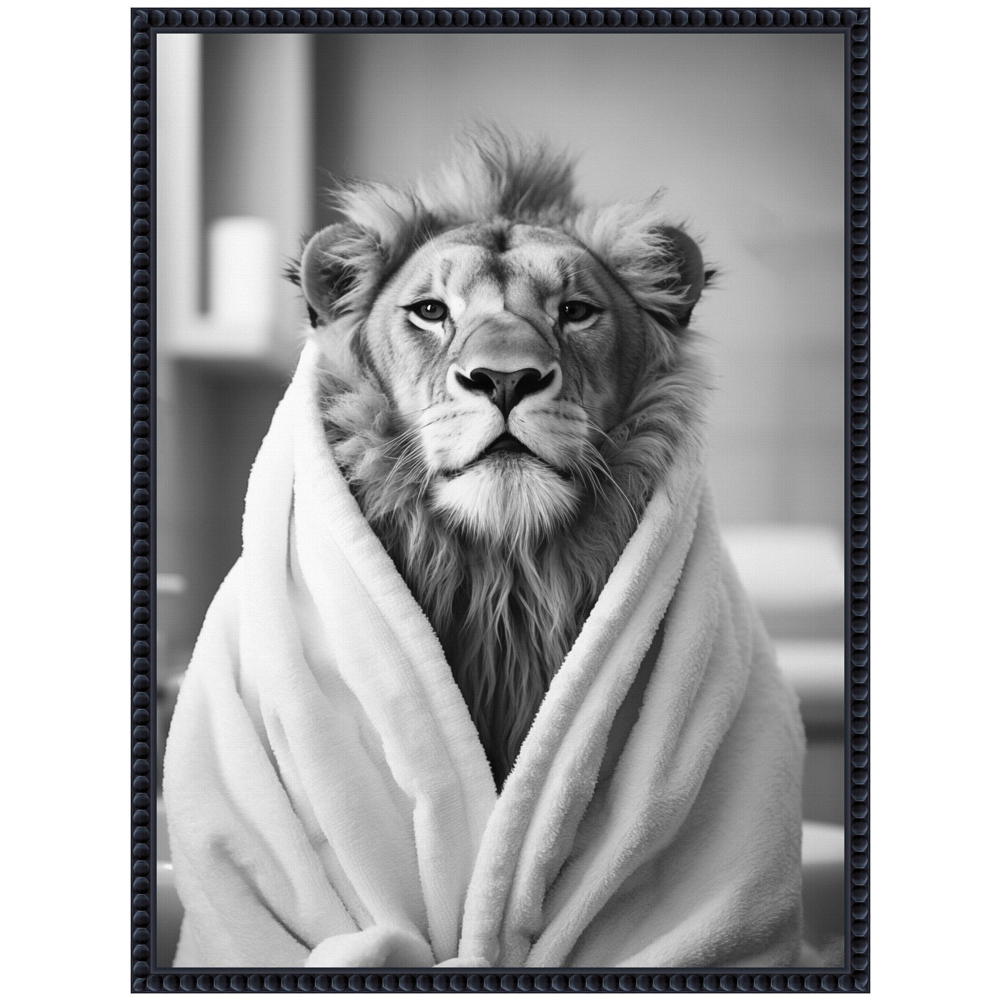 Sylvie Lion Bathroom Art Towel Robe Black and White Framed Canvas