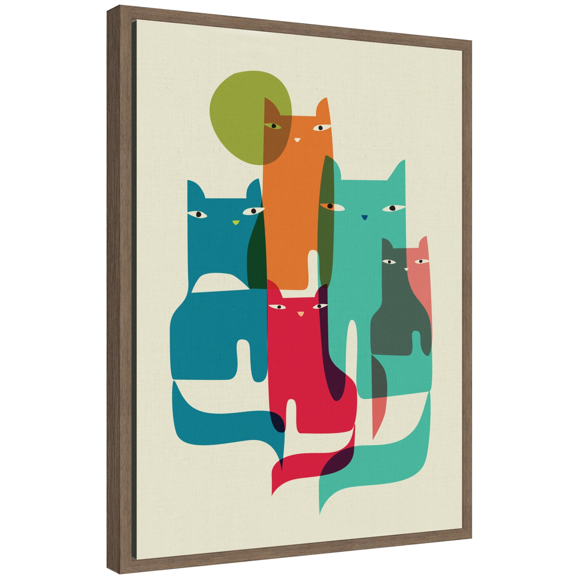 Sylvie Retro Cats Under The Moon framed canvas art showing abstract retro cat figures under a stylized moon with a floating polystyrene frame