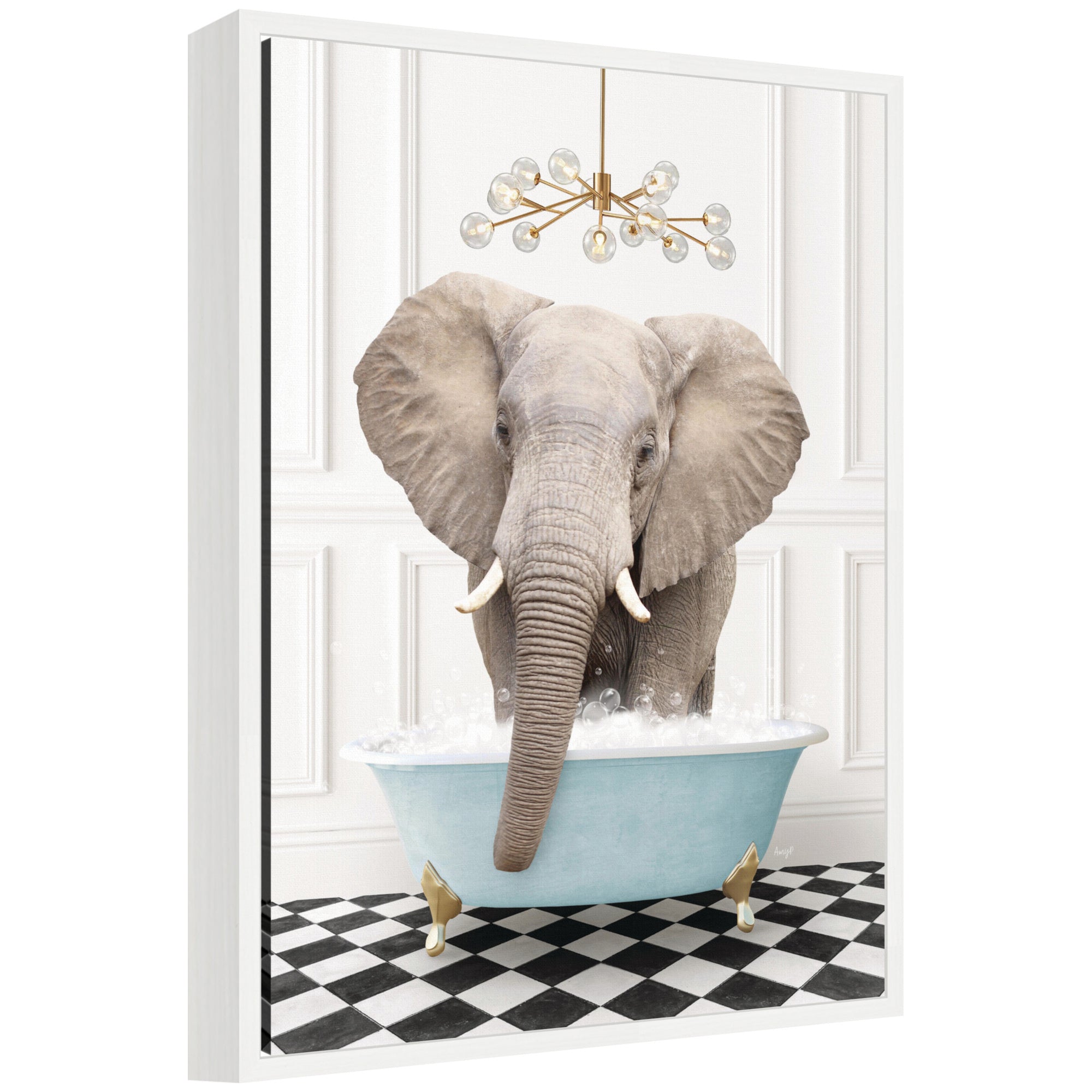 Sylvie Elephant Front in Blue Bathtub on Checker Floor Framed Canvas