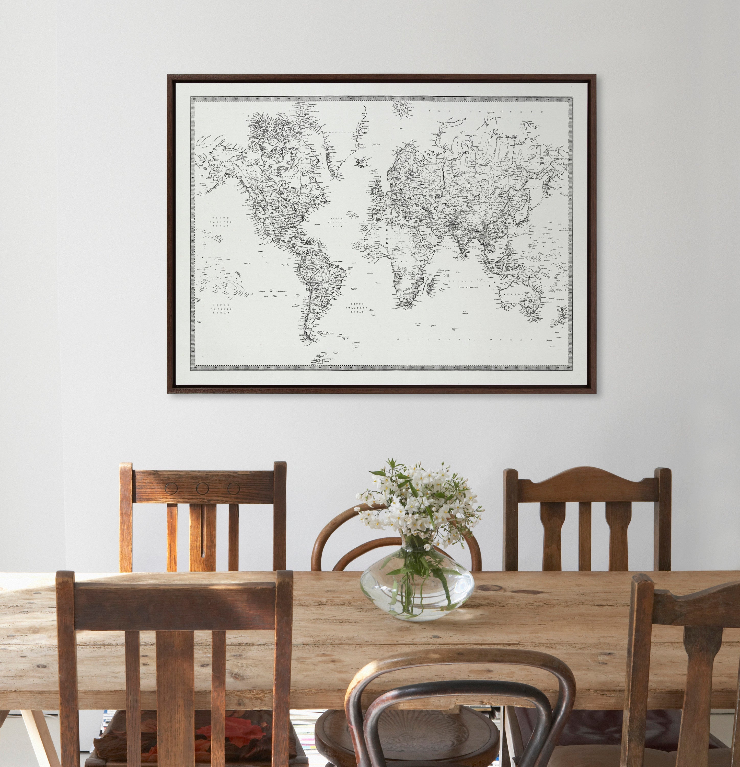 Sylvie Vintage Black and White World Map Framed Canvas by The Creative