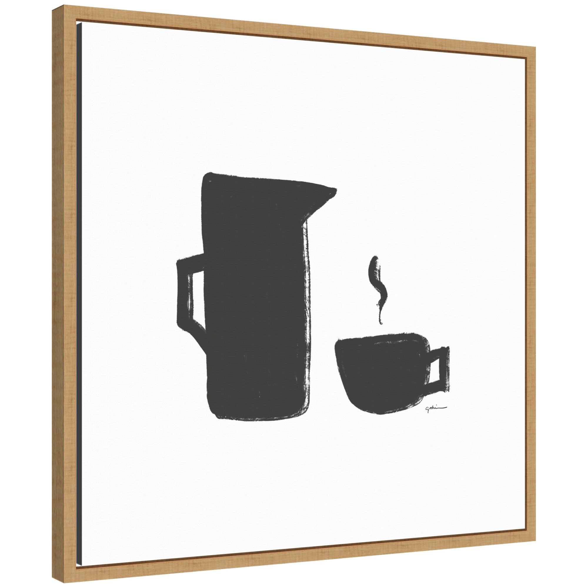 Framed canvas wall art print titled 'Coffee' by Gabrielly Guedes, shown in a clean modern styled room.