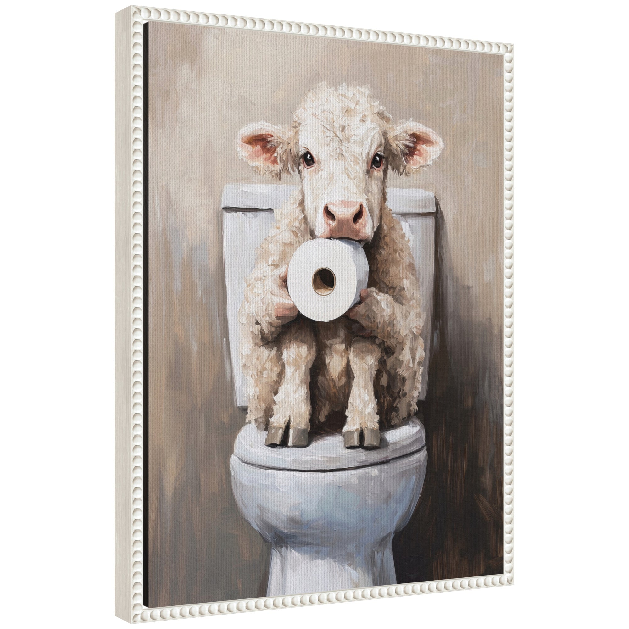 Framed canvas art depicting a cute cow holding a toilet paper roll with a vintage beaded frame
