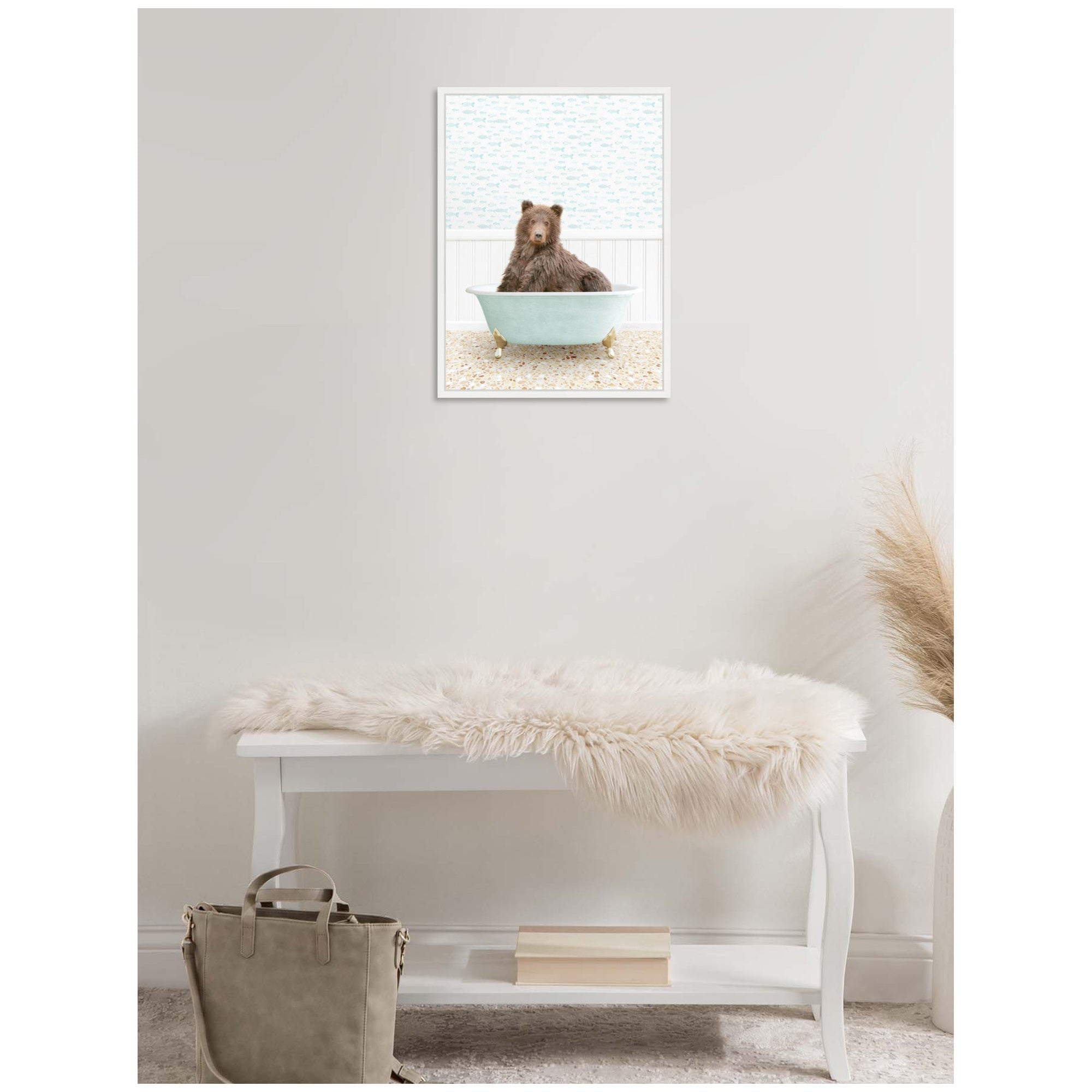 Sylvie Bear in Little Fish Bathtub Framed Canvas by Amy Peterson
