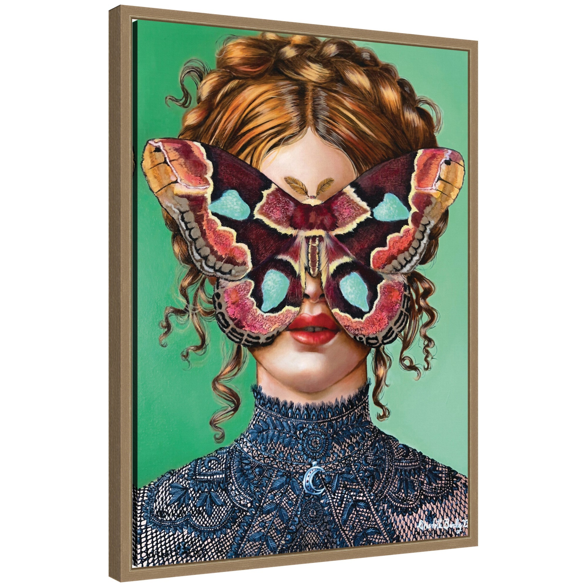 Framed canvas wall art print titled Forest Witch by Charlotte Brindley, showing a stylized figure in a nature-inspired setting with a detailed beaded frame.