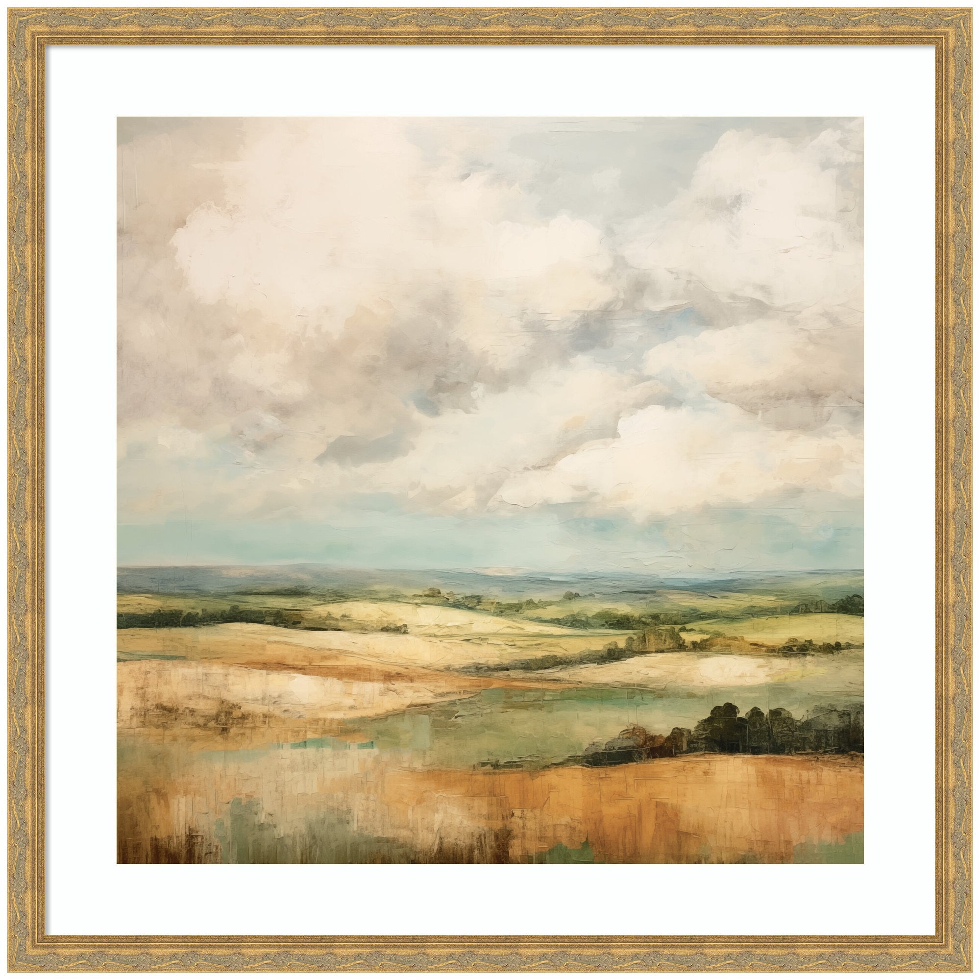 Framed abstract landscape print of rolling hills and cloudy sky in Mila Dark Gold frame