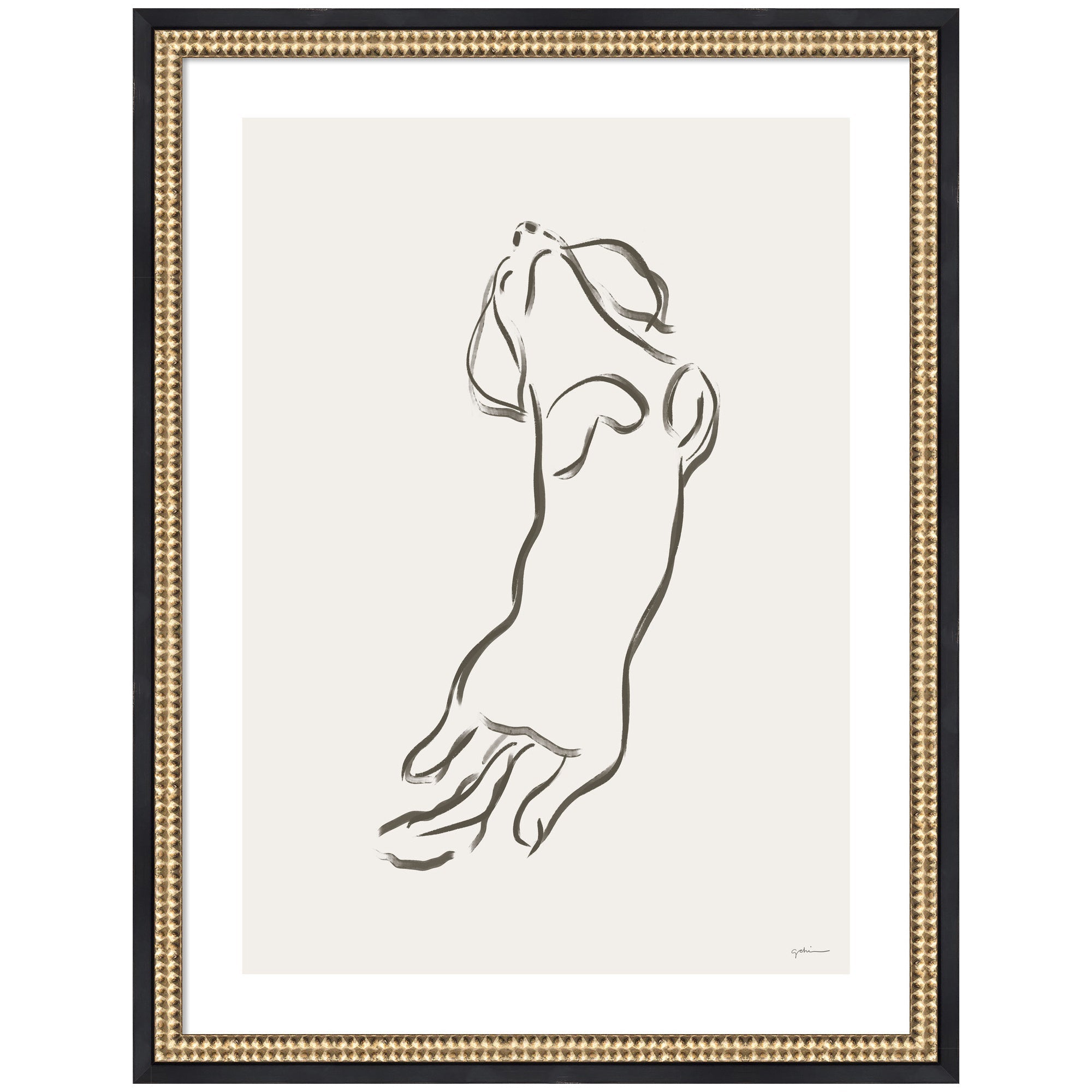 Framed wall art print of a dachshund dog by Gabrielly Guedes with castellated black designer moulding