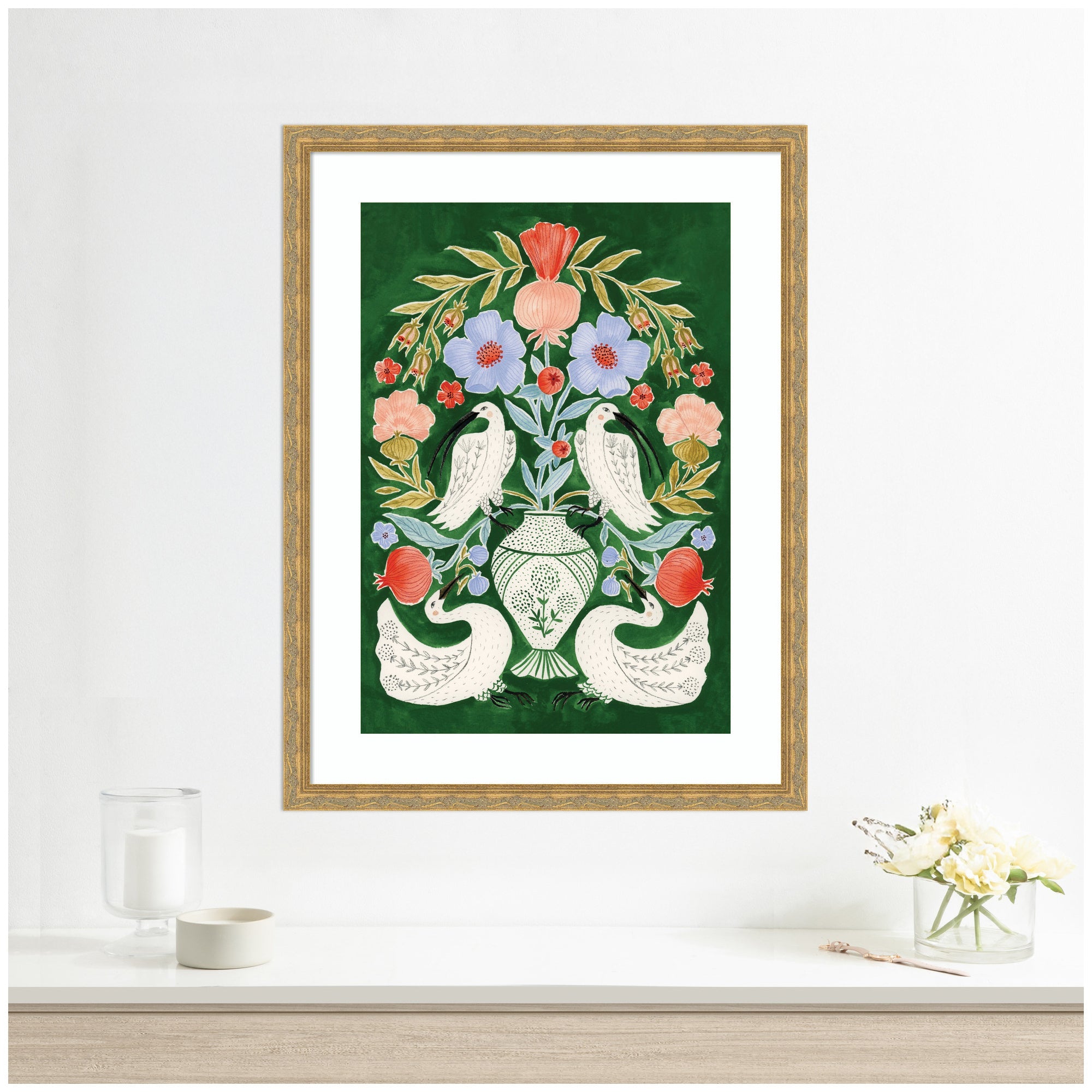 Floral Folklore Ibises and Swan by Jill Labieniec Framed Wall Art Print