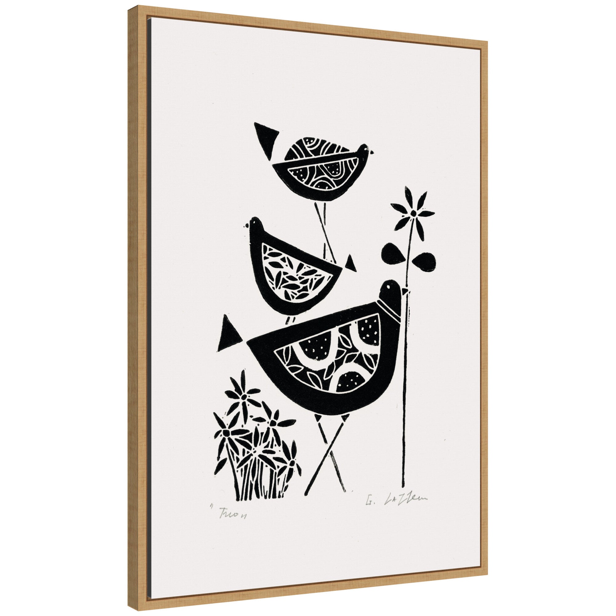 Sylvie Folk Bird Family Trio Linocut Framed Canvas by Giuliana Lazzerini