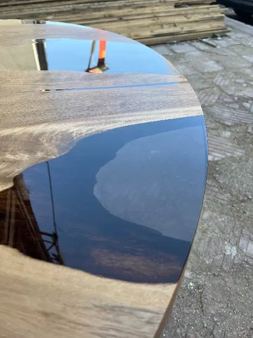 Custom round epoxy resin walnut dining table with wood and metal base