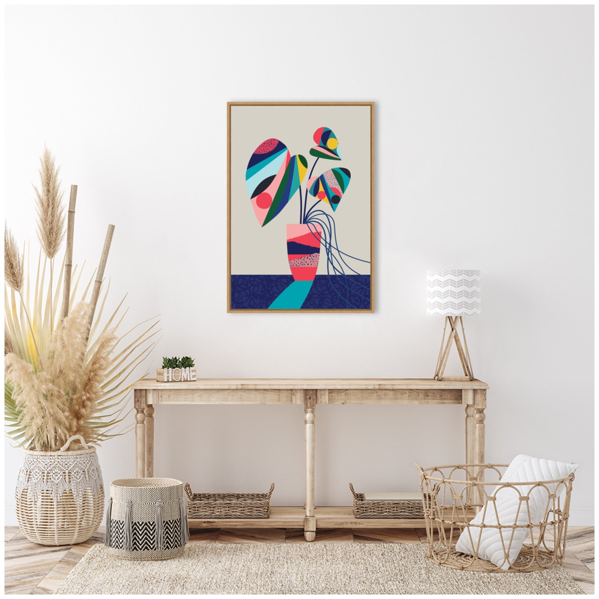 Sylvie MCM Blue and Pink Monstera Framed Canvas by Rachel Lee
