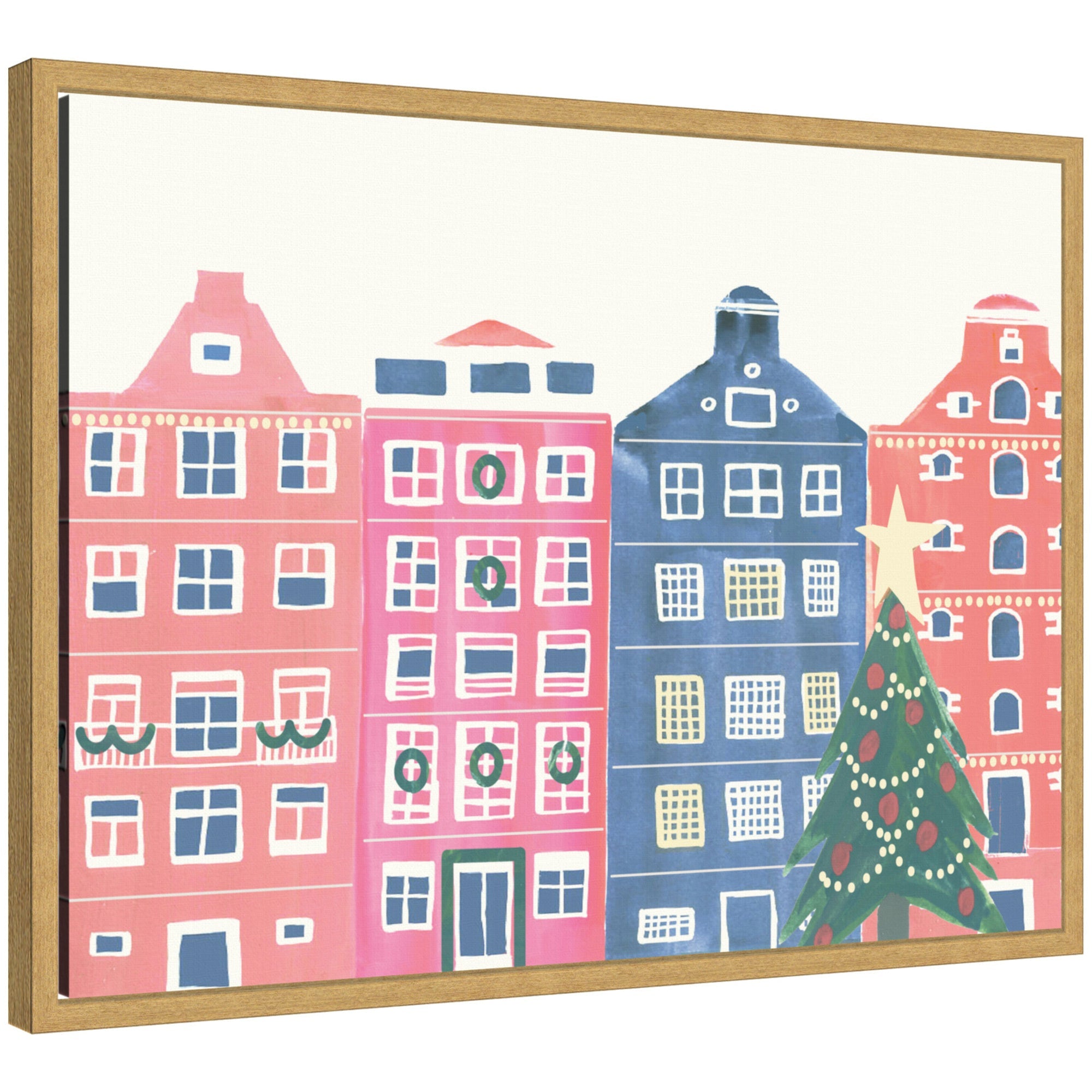 Framed canvas print of a whimsical festive cityscape with colorful buildings and a decorated Christmas tree by Teju Reval