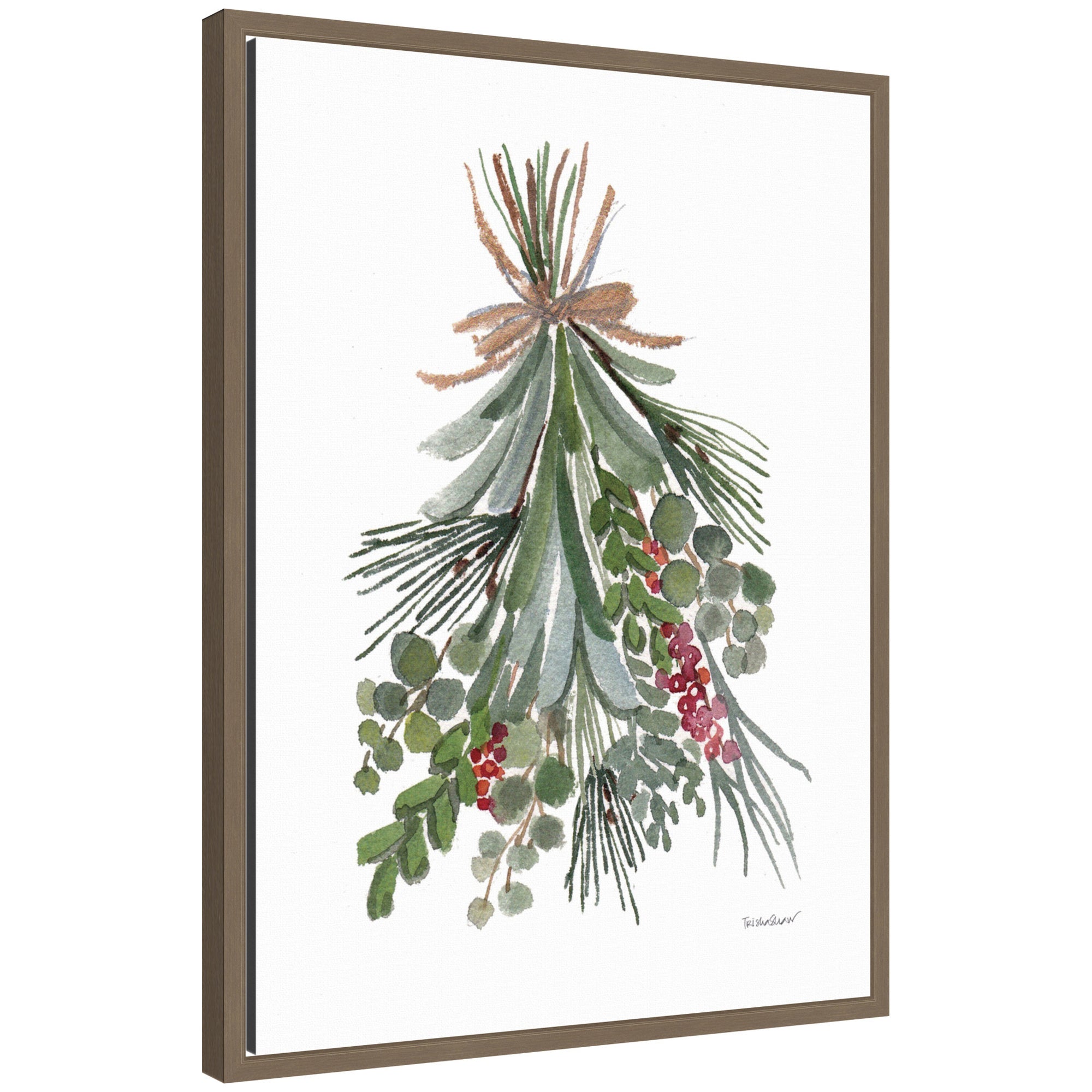 Framed canvas showing watercolor painting of green leaves and small red berries tied with twine