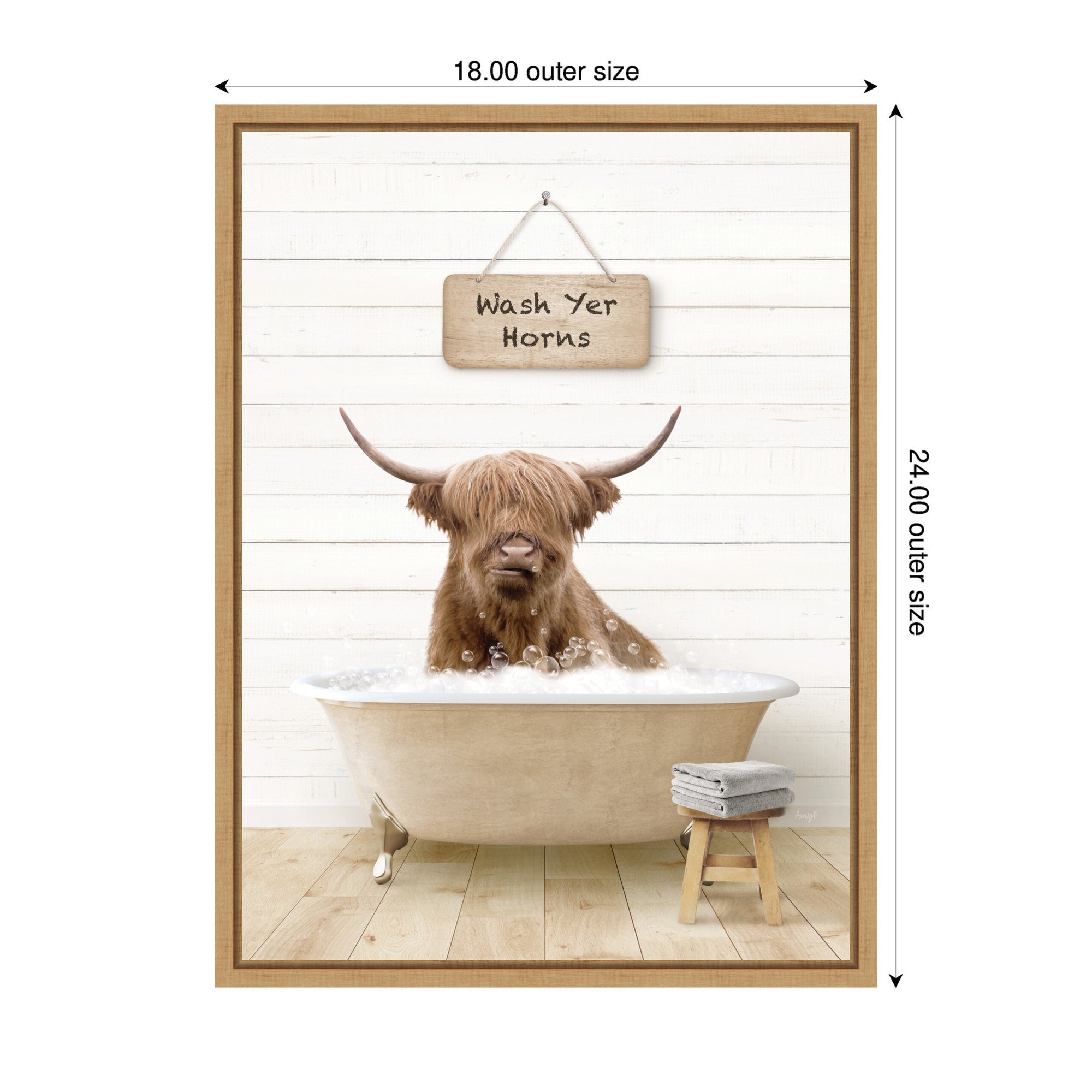 Sylvie Highland Cow in Modern Bathtub Wash Your Horns Framed Canvas