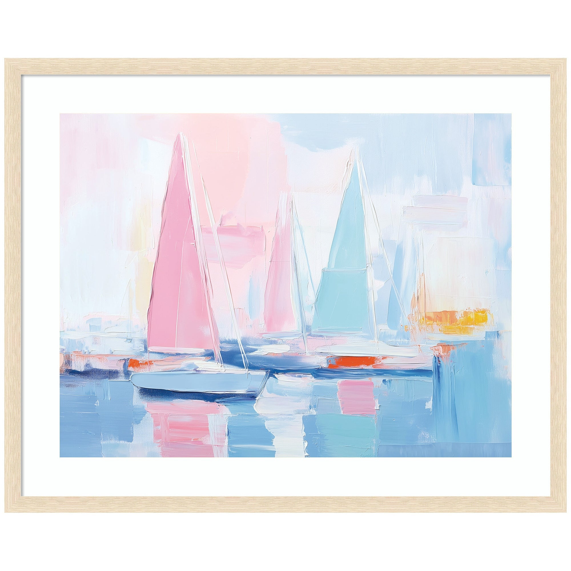 Abstract coastal framed print depicting pastel sailboats on calm water with reflections, by The Creative Bunch Studio
