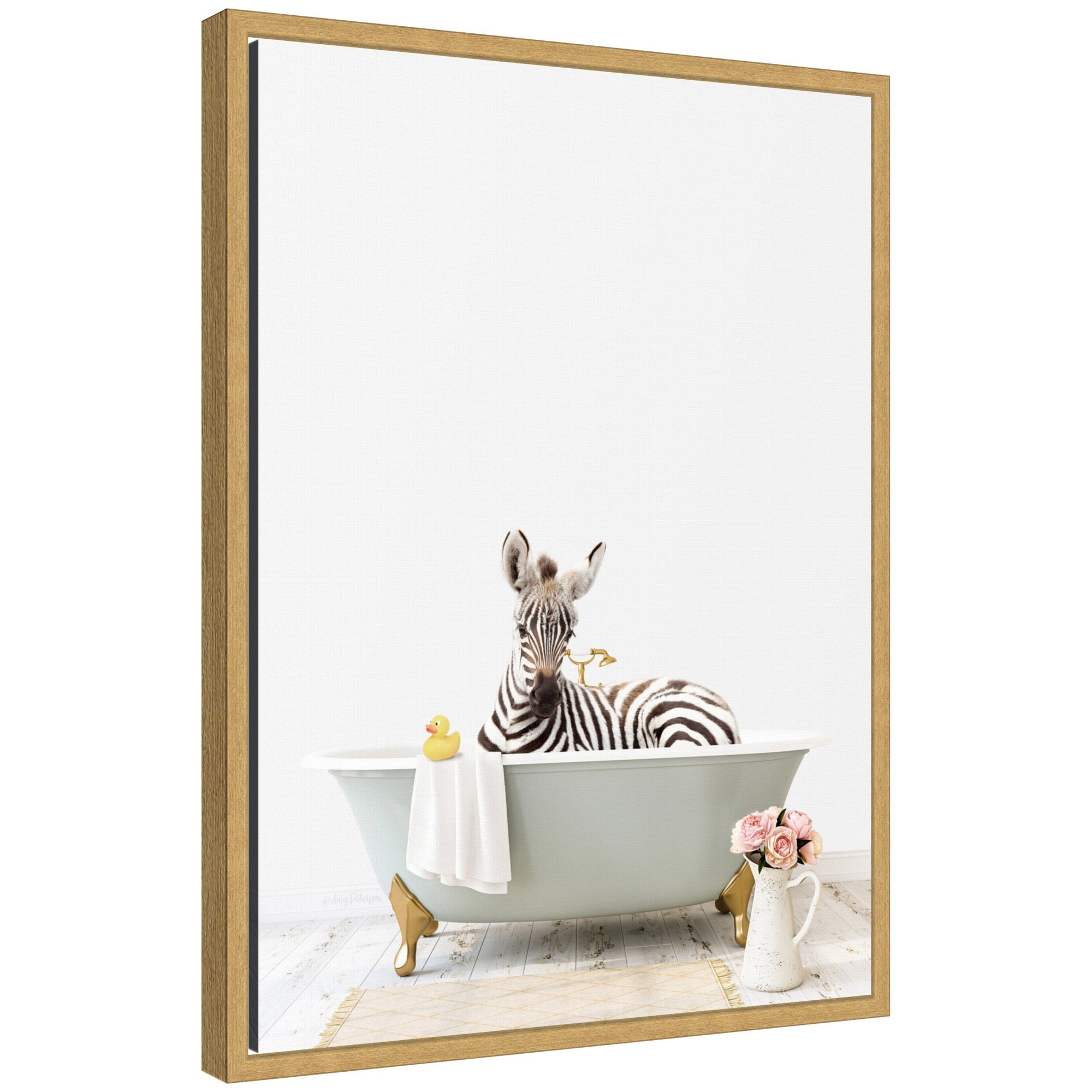 Framed canvas art showing a zebra sitting inside a gray bathtub against a soft light background