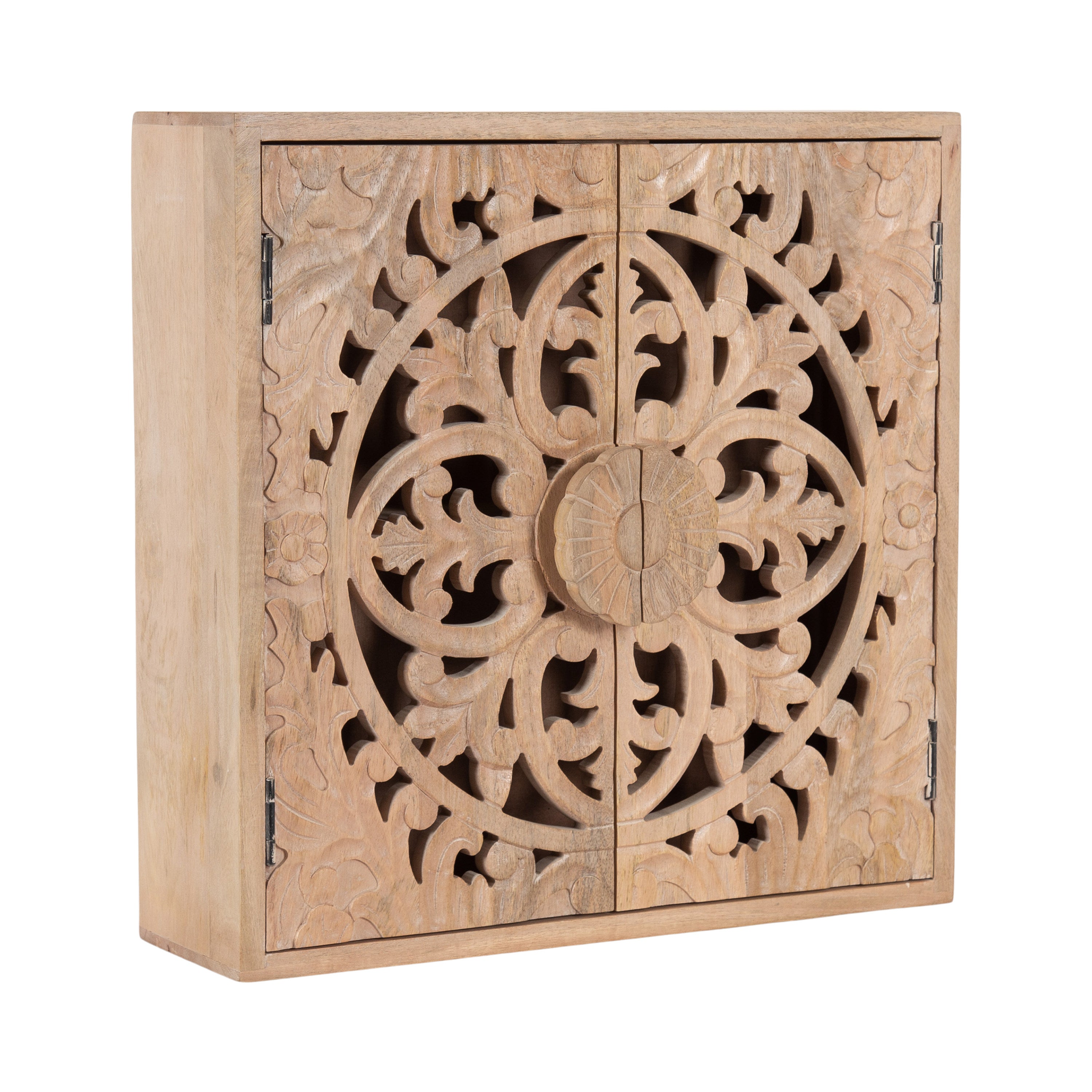 Saanvi Carved Wood Wall Cabinet in natural wood finish mounted on wall above toilet with carved floral details
