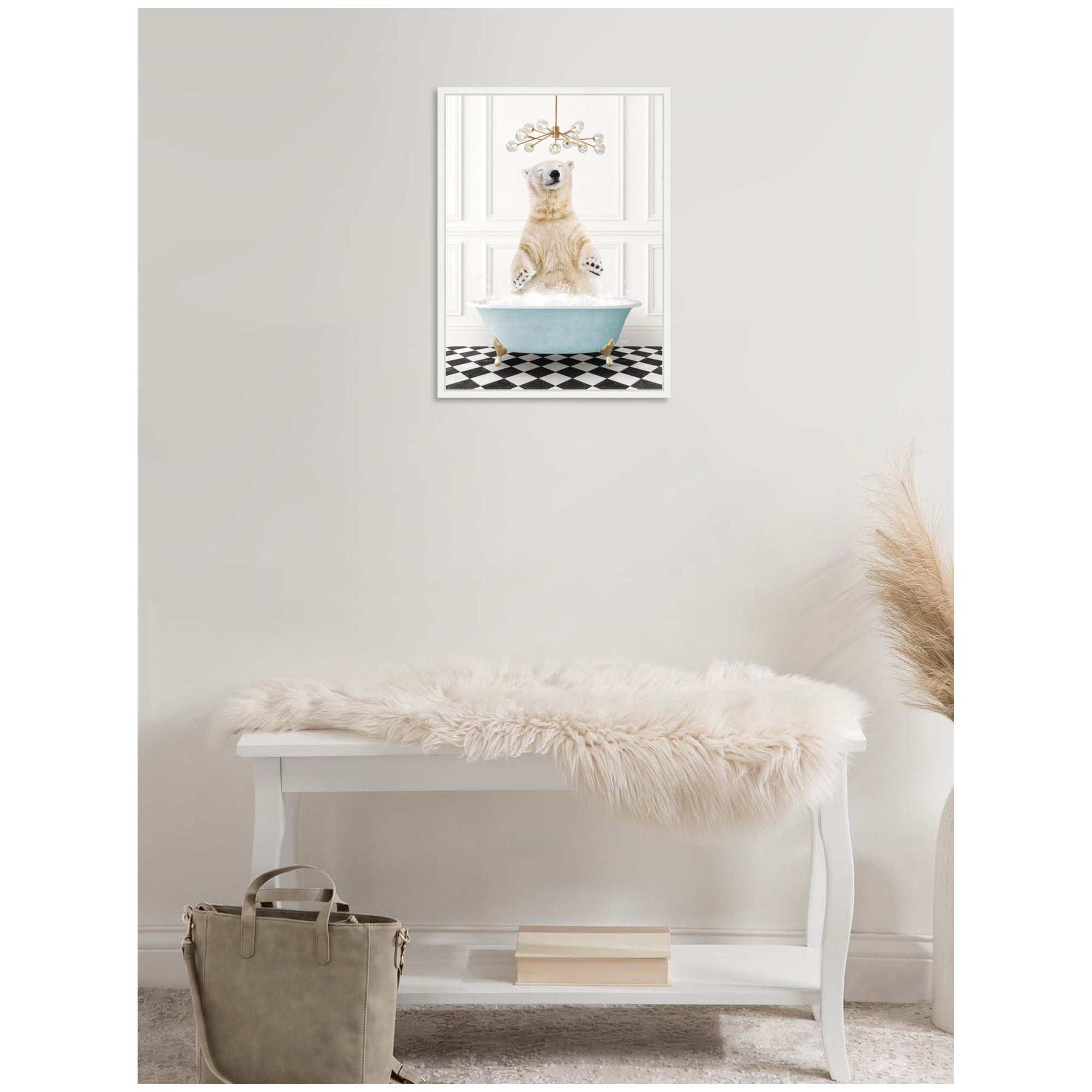 Sylvie Polar Bear in Blue Bathtub on Checker Floor Framed Canvas by Amy Peterson