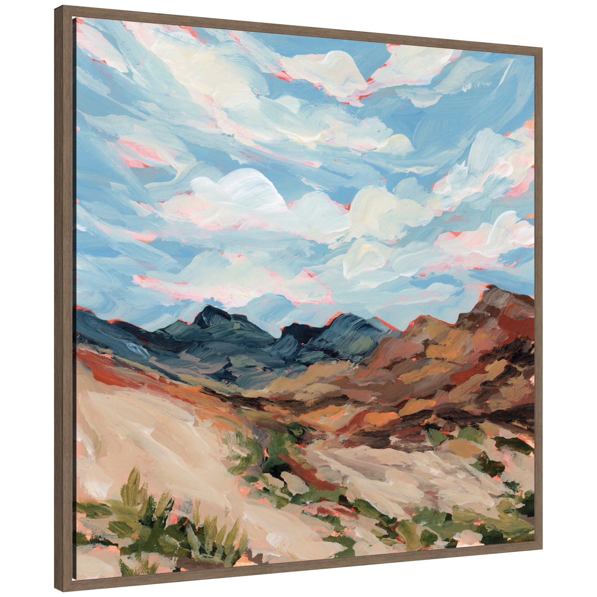Nevada by Emily Kenney, a framed canvas wall art print depicting a rugged mountain landscape under a vibrant sky with dynamic clouds in Sylvie Walnut frame.