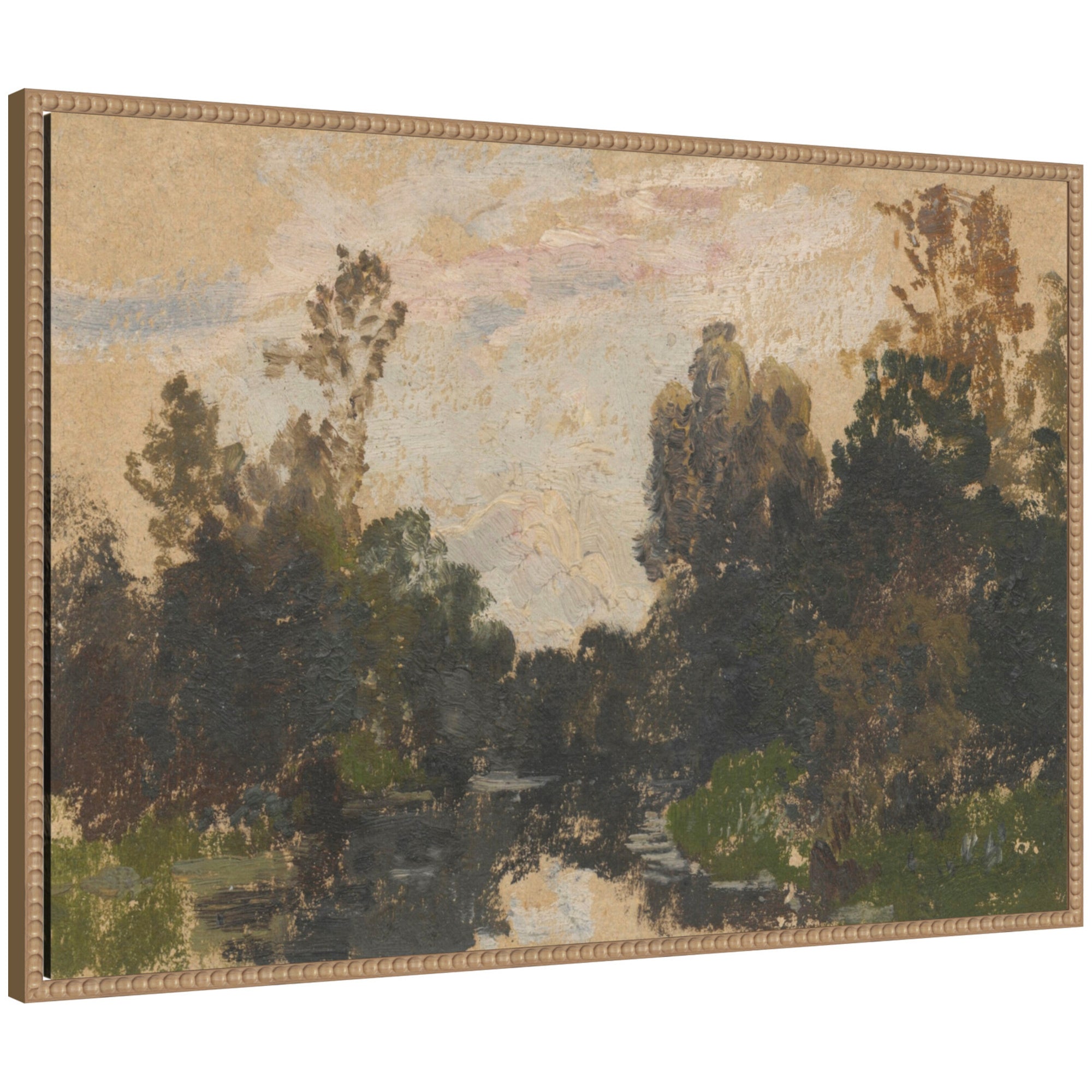 Framed canvas wall art titled Landscape by the River Barycz by Adolf Dressler showing a natural river landscape with detailed trees and sky in rustic beaded frame