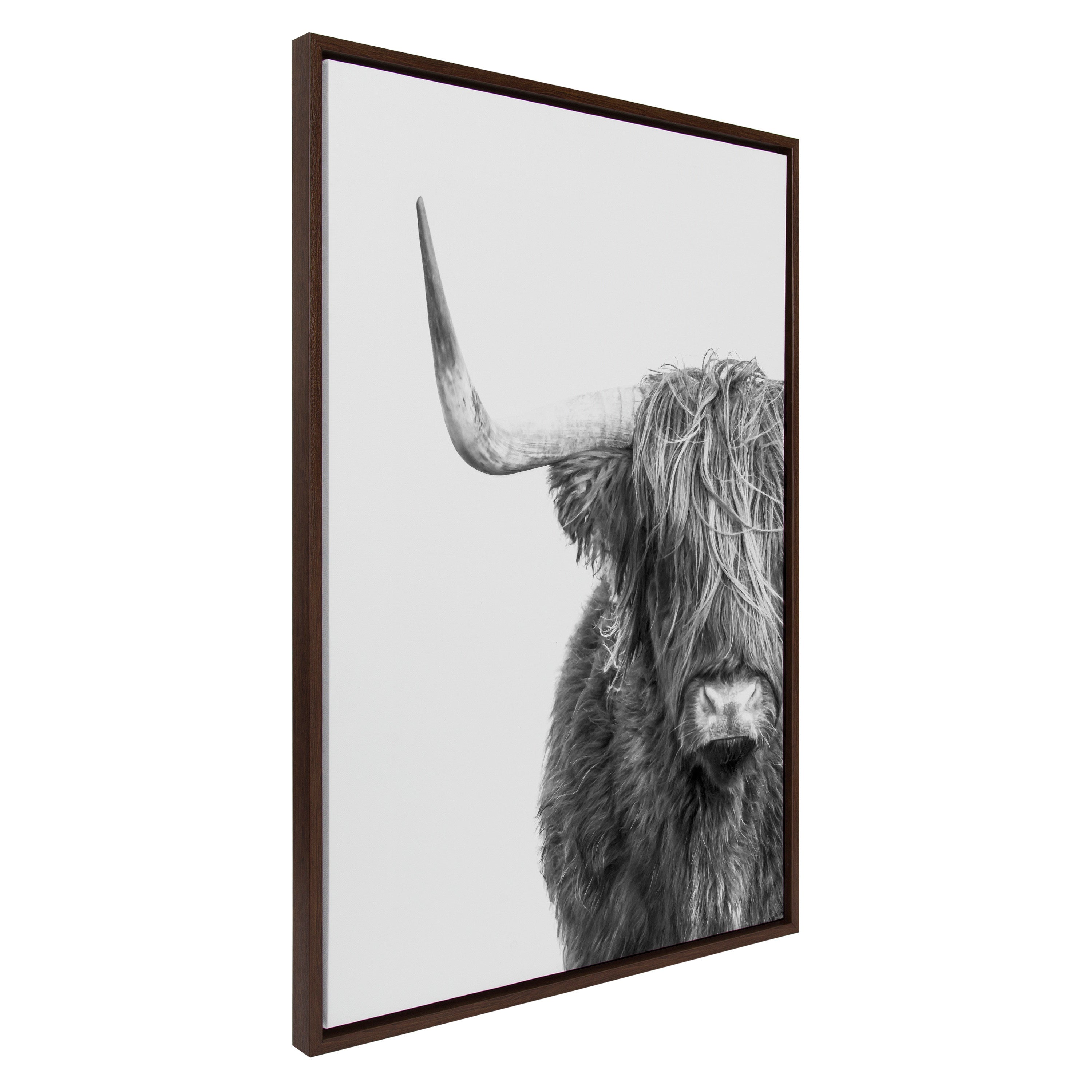 Framed canvas wall art showing a black-and-white portrait of a Highland cow
