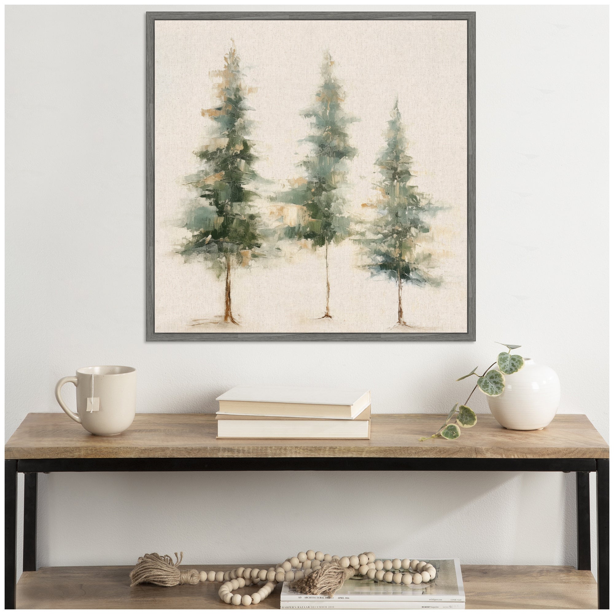 Sylvie Abstract Forest Evergreen Trees on Neutral Linen Framed Canvas