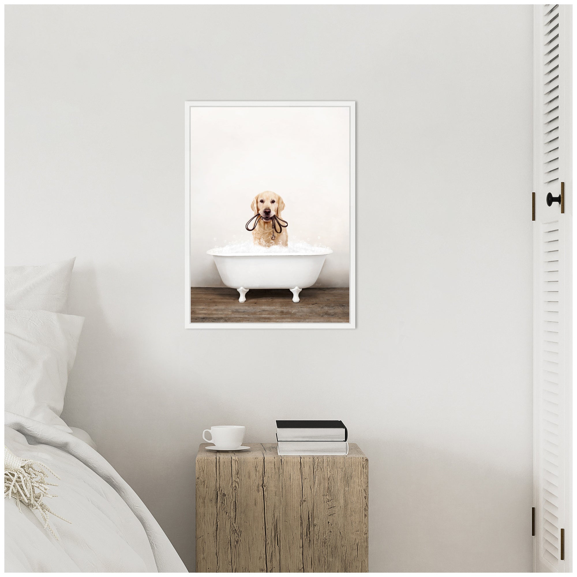 Sylvie Golden Retriever in Rustic Bath Style Framed Canvas by Amy Peterson
